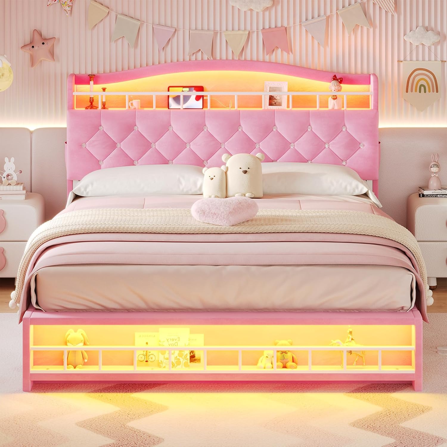 BTHFST Full Szie Girls Bed with LED Lights & Charging Station, Princess Full Size Bed Frame with Hidden Storage Headborad, Sturdy Platform Bed, No Box Spring Needed/Noise-Free/Easy Assembly, Pink