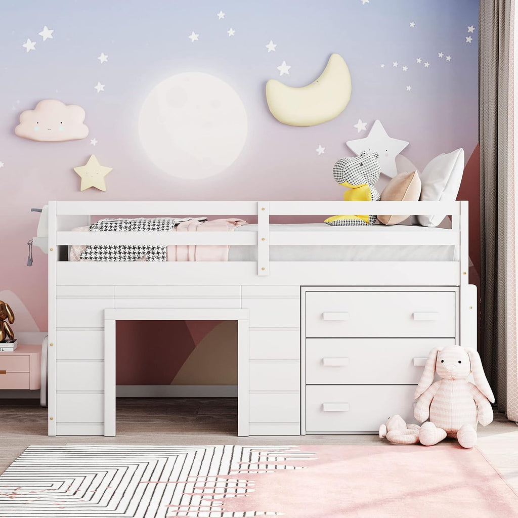 Ball & Cast Twin Size Low Loft Bed with Safety Guardrail & Stair,Wooden Bedframe W/Cabinet & Shelf,Solid Construction,No Spring Box Needed,Furniture Set for Boys Girls Keens Study Bedroom,White