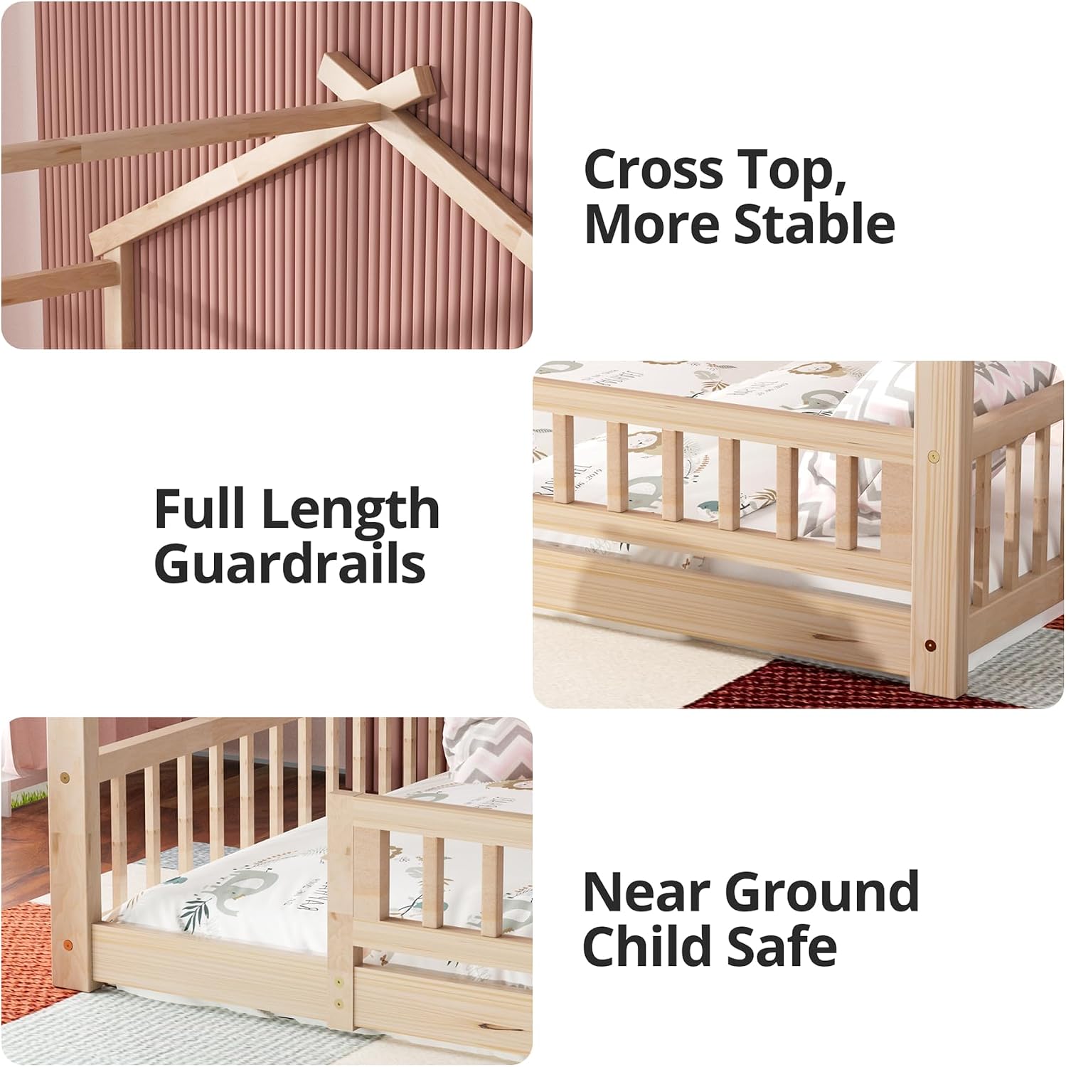 LLS Twin House Bed with Fence, Wooden Montessori Bed with Slats Support, Floor Bed Frame for Boys Girls Bedroom, Natural
