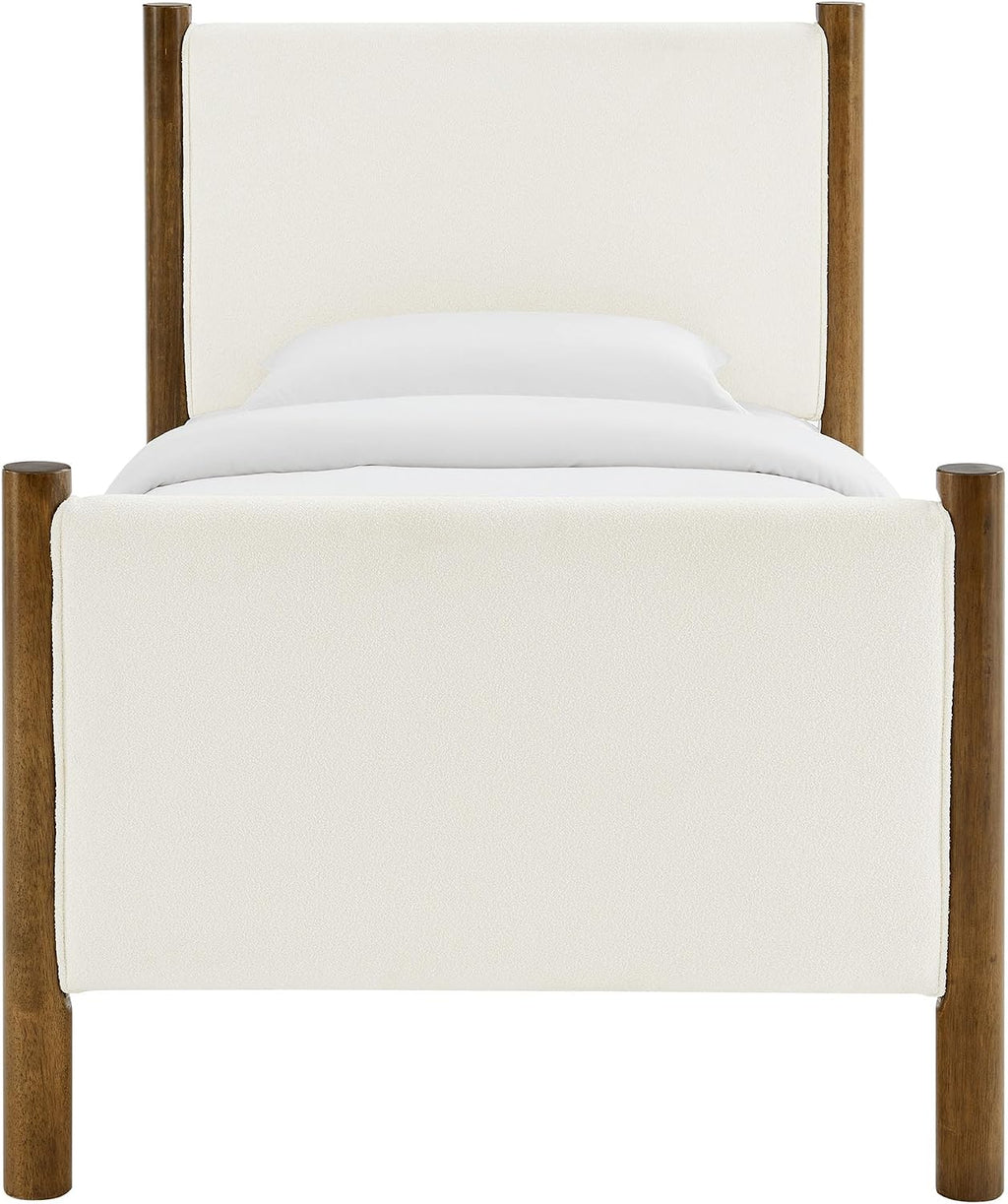Modway Maven Twin Size Bed Frame in Feather Walnut with Upholstered Boucle Headboard and Footboard – Wood Twin Platform Bed Frame – No Box Spring Needed