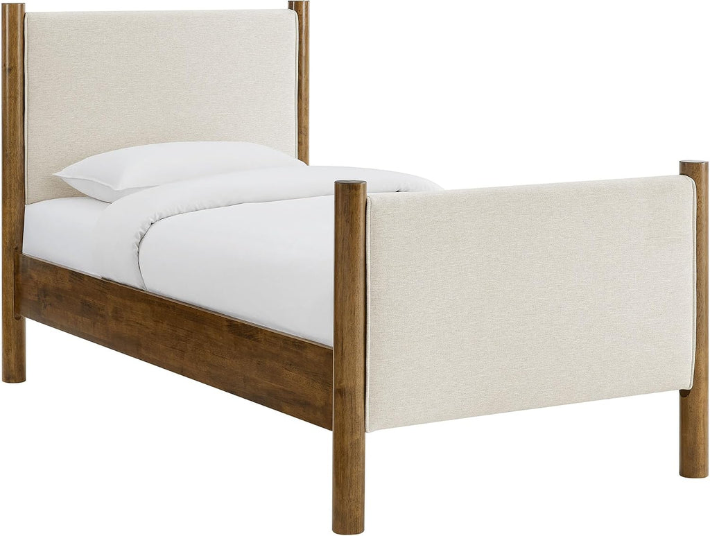 Modway Maven Twin Size Bed Frame in Ivory Walnut with Upholstered Fabric Headboard and Footboard – Wood Twin Platform Bed Frame – No Box Spring Needed