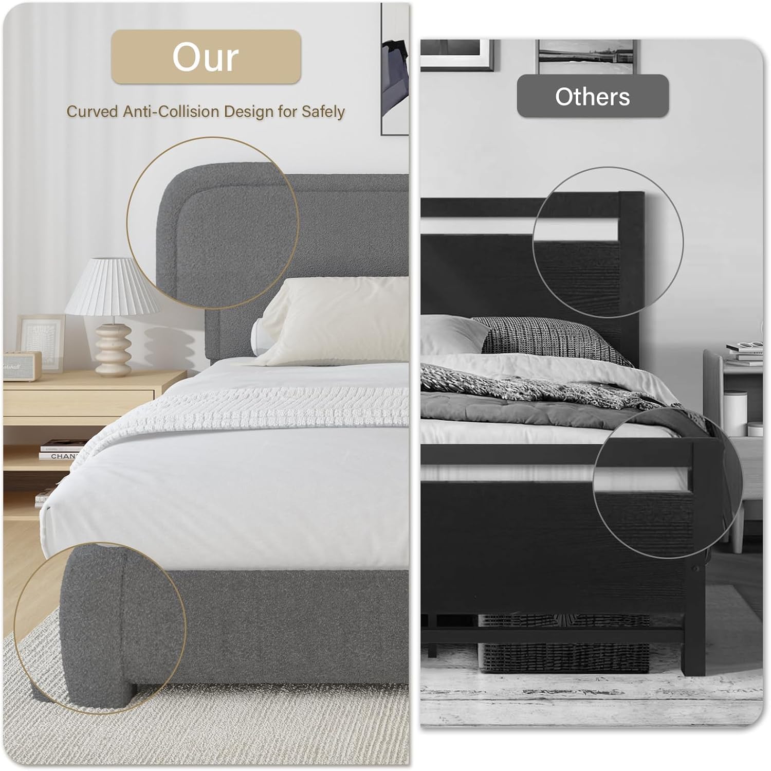 BarnFurin Twin Size Bed Frame, Boucle Upholstered Platform Bed Frame, Soft Rounded Corners, No Box Spring Required, Easy Assembly, Grey