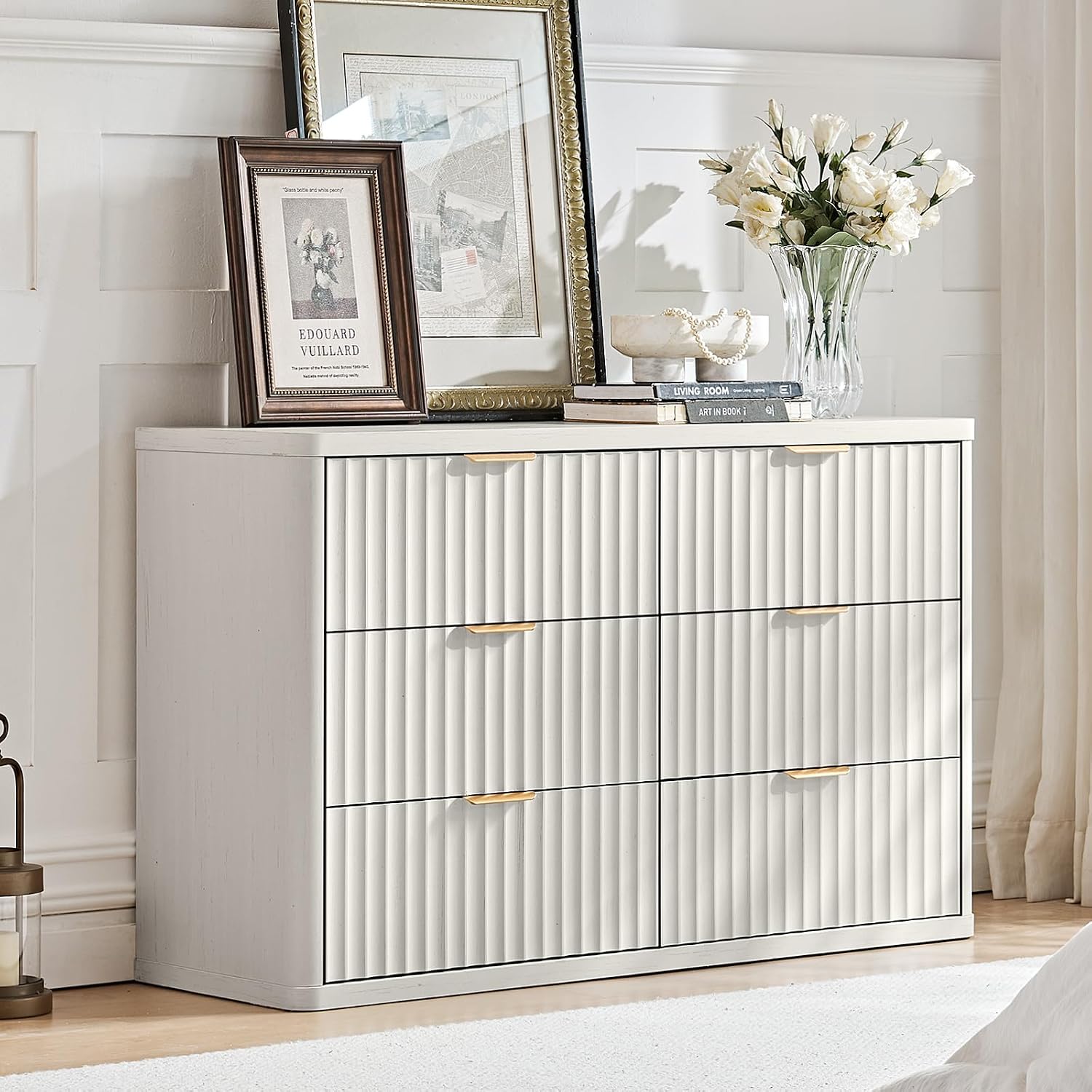 LEYAOYAO Fluted Dresser and 3 Drawers Nightstand Set of 2, Wood 48' Wide Dresser & 23' Night Stand with Charging Station, 3 Piece Bedroom Furniture Set, Chest of Drawers for Living Room,Antique White