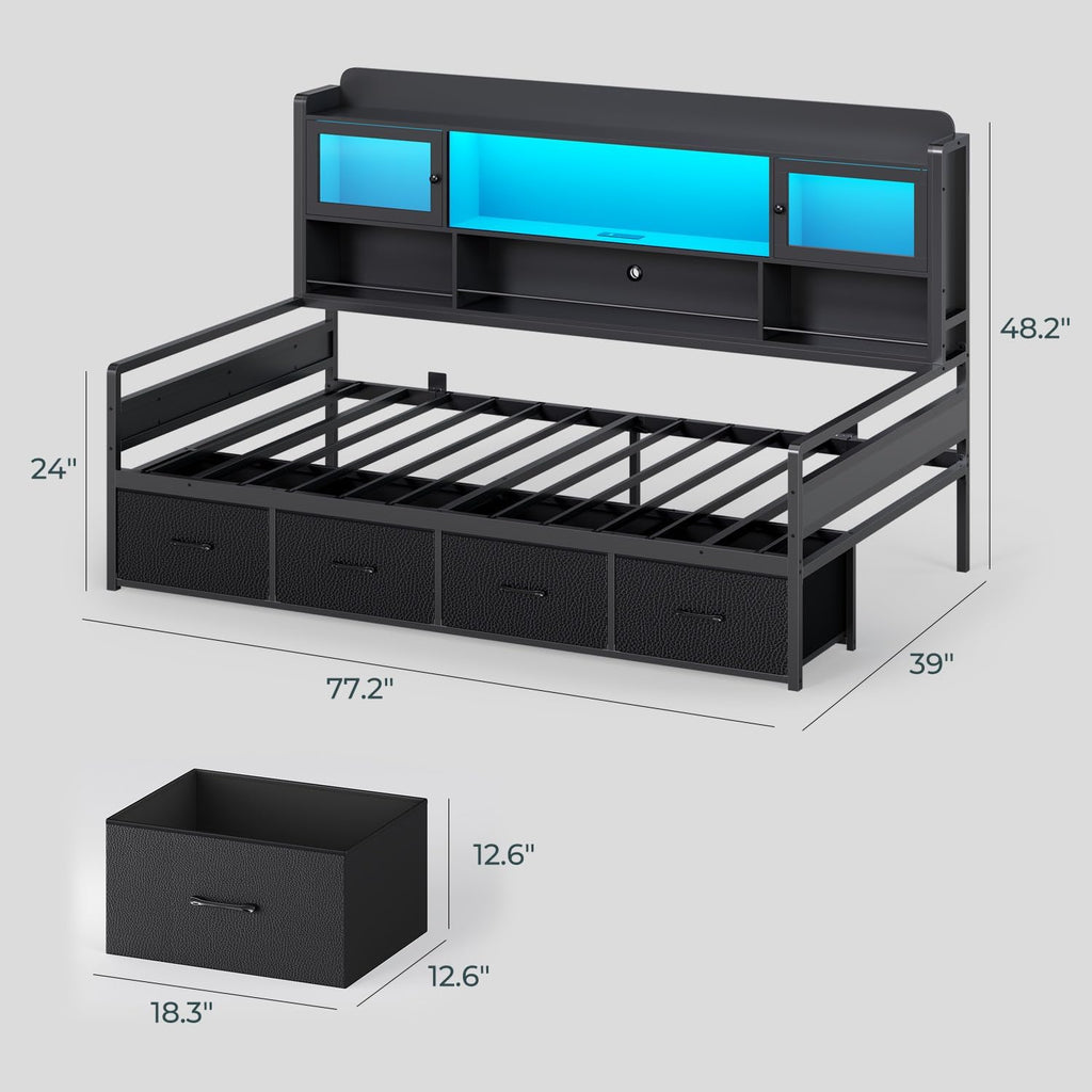 BTHFST Twin Daybed with 4 Storage Drawers & 3-Tier Bookshelf, Day Bed with RGB LED Lights & Charging Station, Corner Bed Frame with Storage Headboard for Bedroom, Living Room, Guest Room, Black