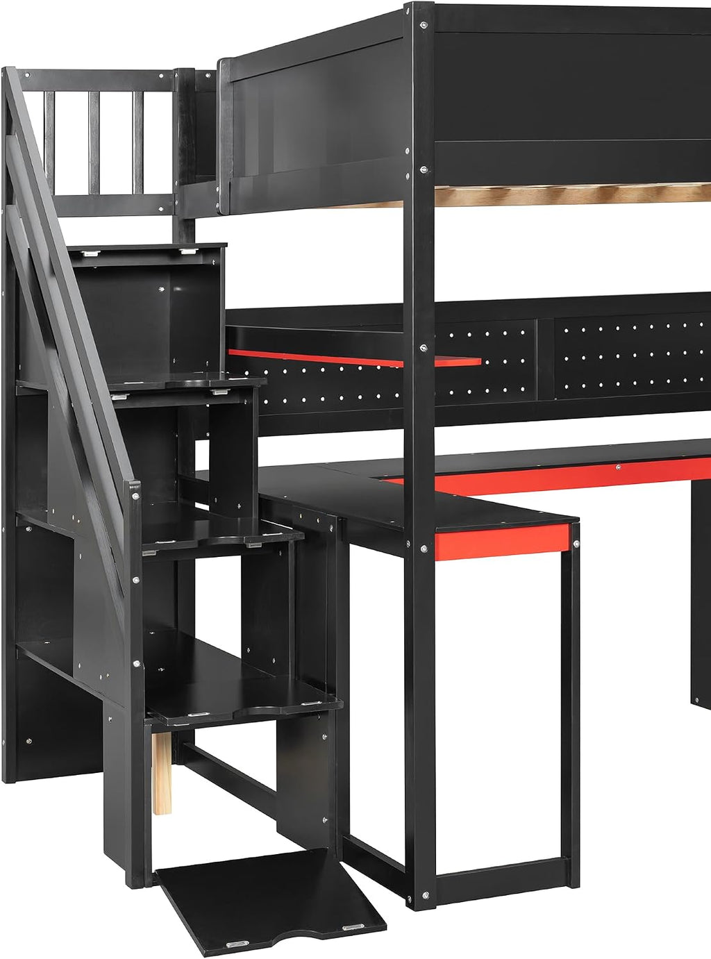 Ball & Cast Gaming Full Size Loft Bed with Storage Stairs,Wood Gamer Loft Bed Frame W/Desk,Shelves and Pegboard,High Loft Bed W/Full-Length Guardrail,Bedroom Furniture for Student Dorms,Black+Red