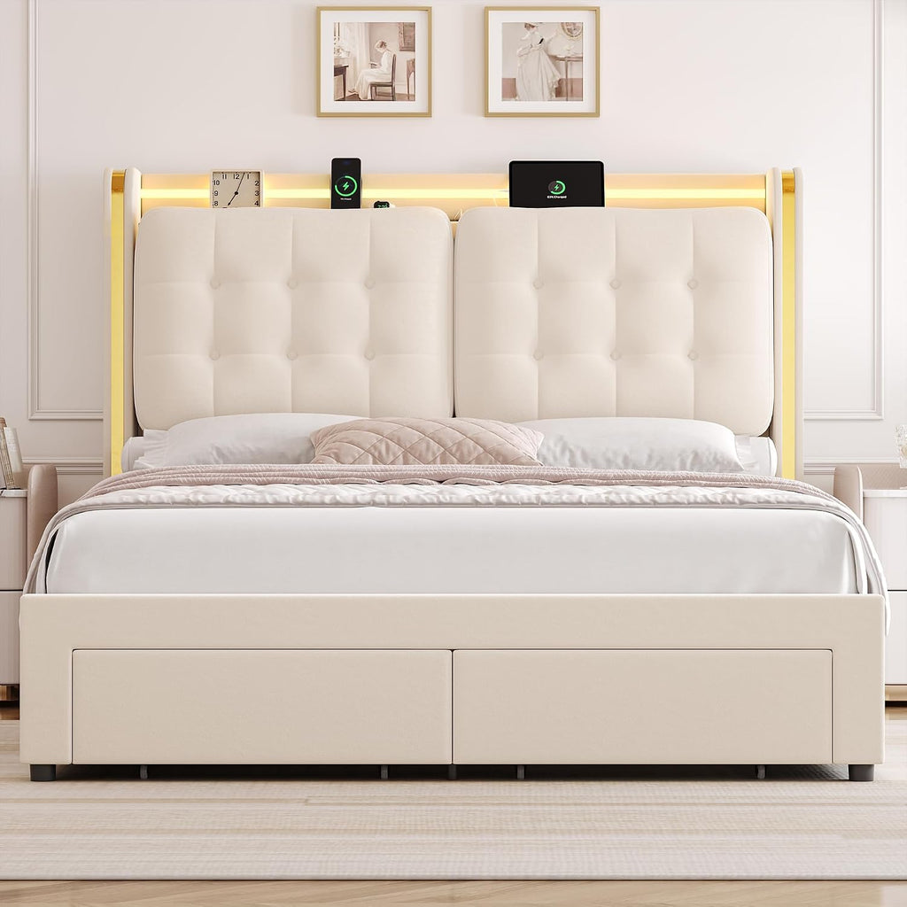 HIFIT Upholstered LED Queen Size Bed Frame with Storage and Charging Station, Lavish Wingback Headboard with Fluffy Tufted Cushions, Modern Velvet Queen Platform Bed Frame with 2 Large Drawers, Beige
