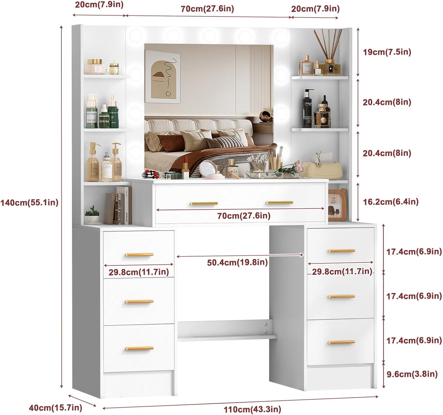 Vanity Desk with Mirror and Lights, Vanity Table with 7 Drawers and 6 Storage Shelves, 3 Lighting Modes Adjustable, Dressing Table Vanity Set, Makeup Vanity Table for Bedroom, Dressing Room, White