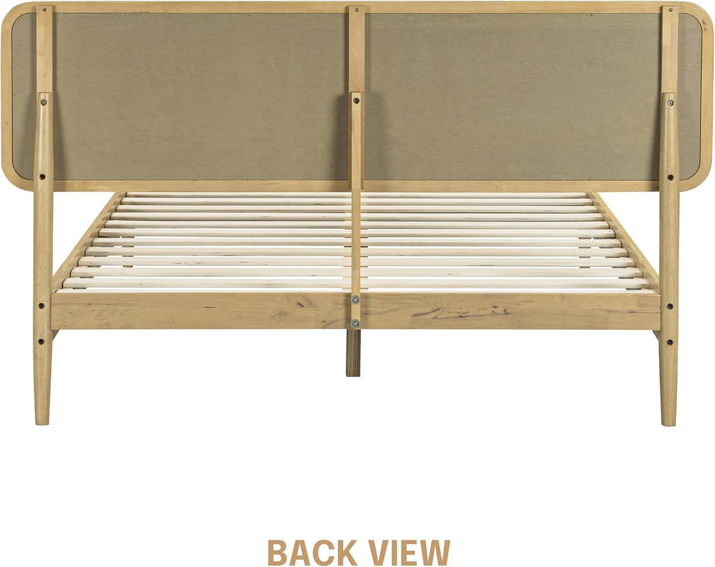 NTC Lupin Wooden Bed Frame with Headboard, Solid Oak and Rubber Wood Foundation with Silent Slats and Wood Central Supports, 1000 Lb Capacity, Queen - Sand