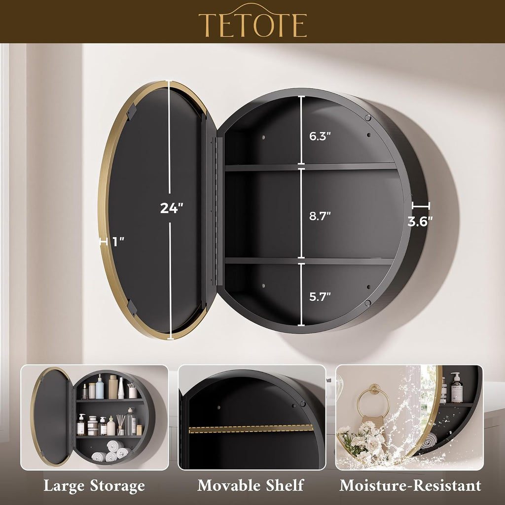 TETOTE Gold Round Bathroom Medicine Cabinet with Mirror 24 x 24 Metal Framed Medicine Cabinet with Storage Adjustable Shelves Farmhouse Wall Mirror with Storage Surface Mounted