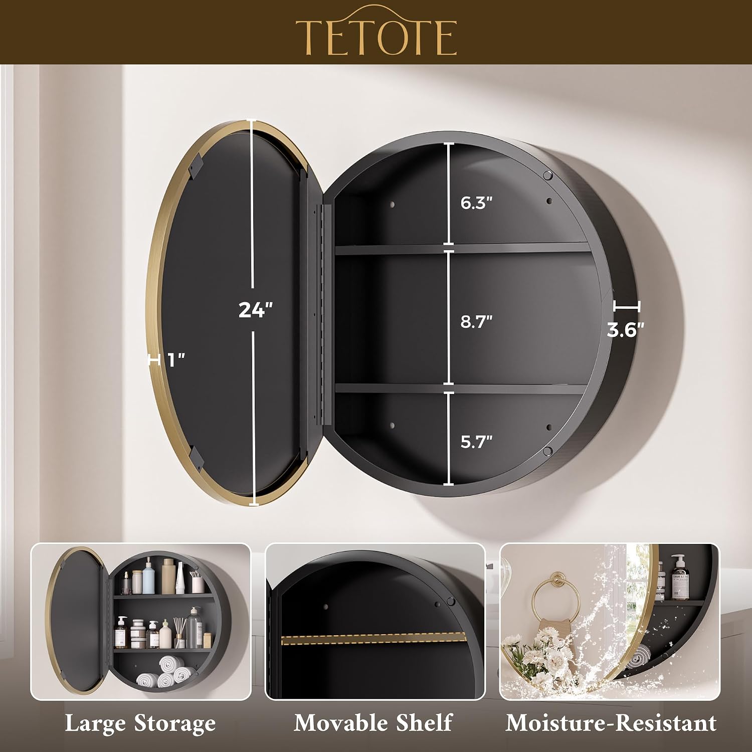 TETOTE Gold Round Bathroom Medicine Cabinet with Mirror 24 x 24 Metal Framed Medicine Cabinet with Storage Adjustable Shelves Farmhouse Wall Mirror with Storage Surface Mounted