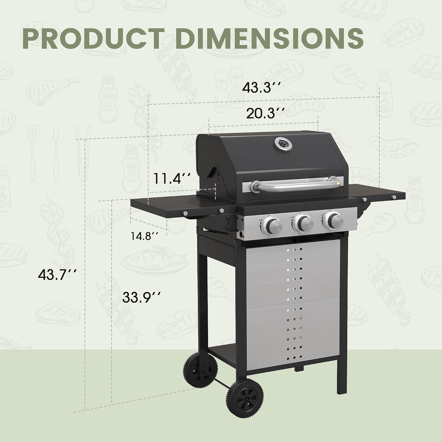 3 Burners Propane Gas Grill, Stainless Steel BBQ Grill with Porcelain-Enameled Cast Iron Grates, 28,500 BTU Outdoor Patio Barbeque Grill with 2 Foldable Side Tables for Party, Camping, Backyard