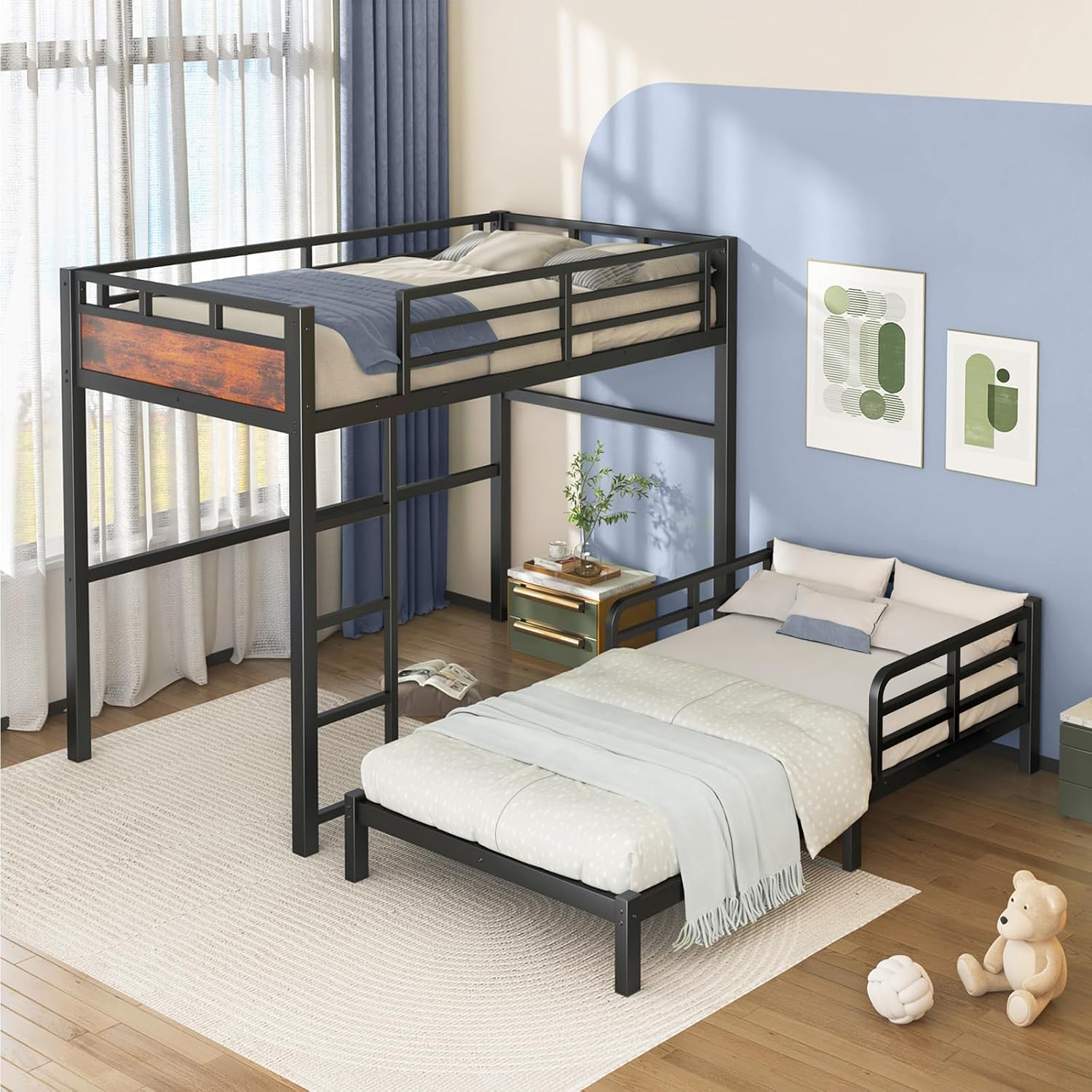 Twin XL Over Twin XL Bunk Bed, Convertible Metal Bunk Beds Can Separate into Loft Bed and Platform Bed, Heavy Duty Noise-Free Bed Frame with Safety Rails for Adults Teens Kids, Black