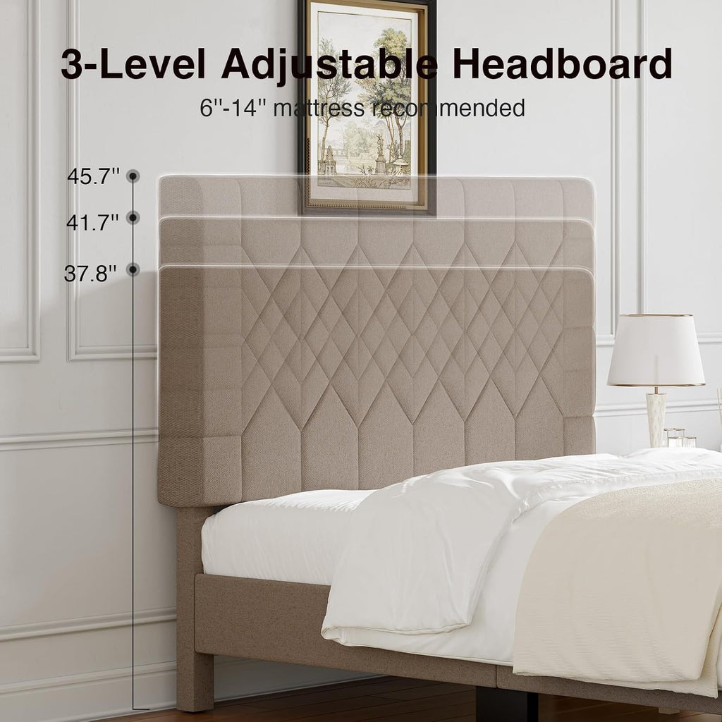 Novilla Queen Bed Frame with Headboard, Bed Frame Queen Size with Wood Slats Support, Linen Upholstered Pull-Point Headboard, No Box Spring Needed, Heavy Duty Feet, Easy Assembly, Beige
