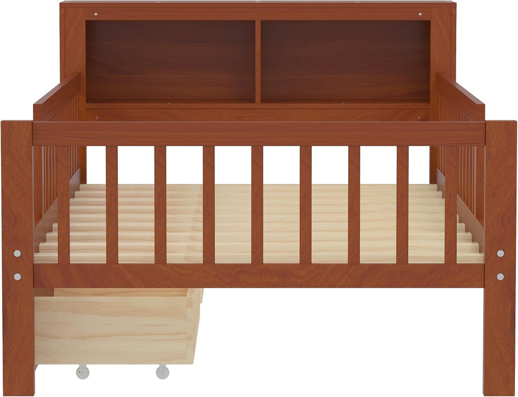 VilroCaz Wood Twin Size Platform Bed with Safety Fence for Kids Boys Girls, Platform Bed Frame with Practical Headboard and 2 Under-Bed Drawers, Sturdy Slats Support (Walnut-3.15)