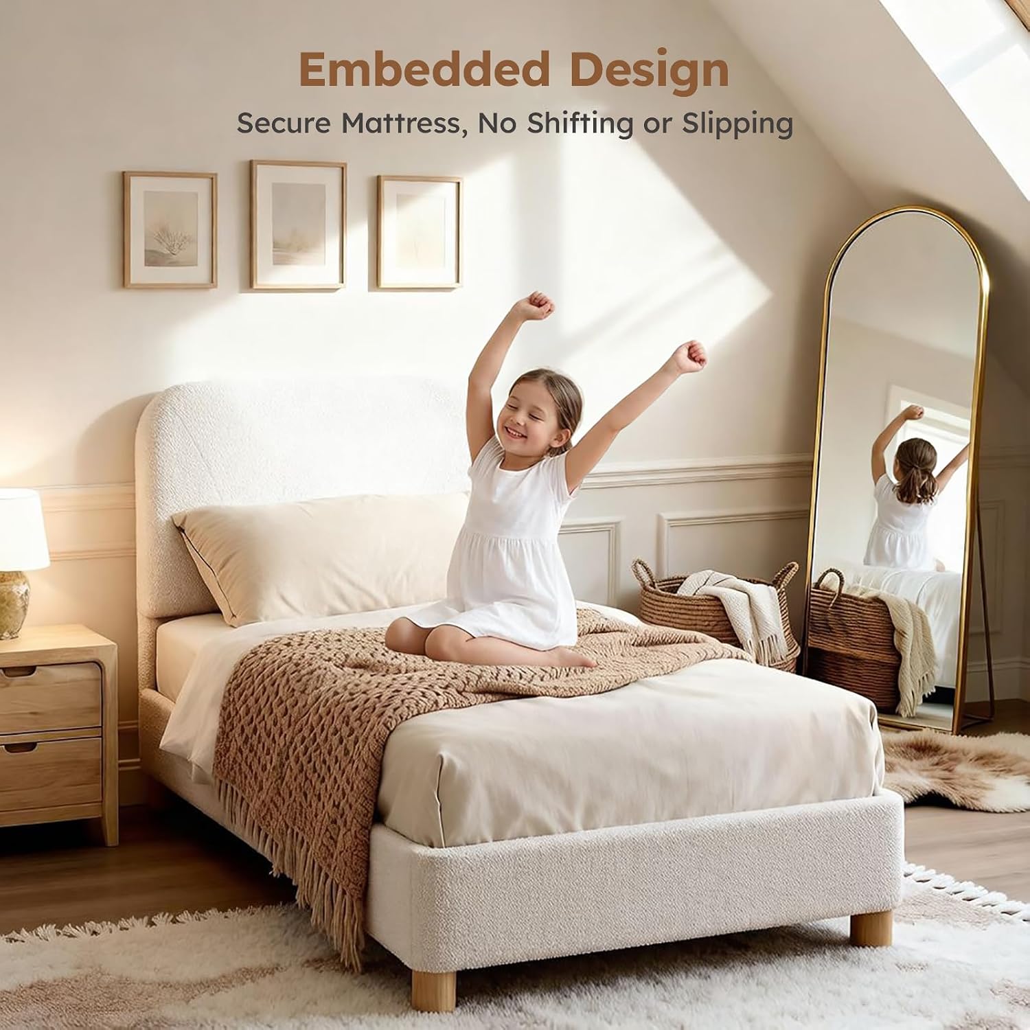 Cloud Bed Frame, Soft Boucle Bed Frame with Adjustable Headboard, Solid Wood Legs, Rounded Corners Design & Easy Assembly – Modern Platform Bed, Twin Cream