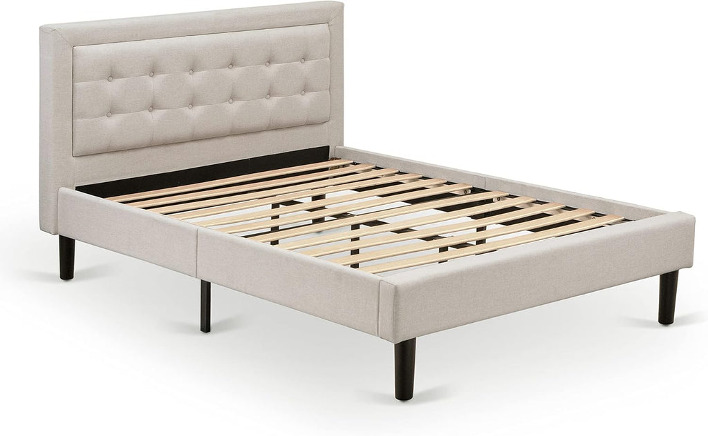East West Furniture FN08F-1VL0C 2-Piece Platform Full Size Bed Set with 1 Full Bed and an End Table for bedroom - Reliable and Durable Construction - Mist Beige Linen Fabric