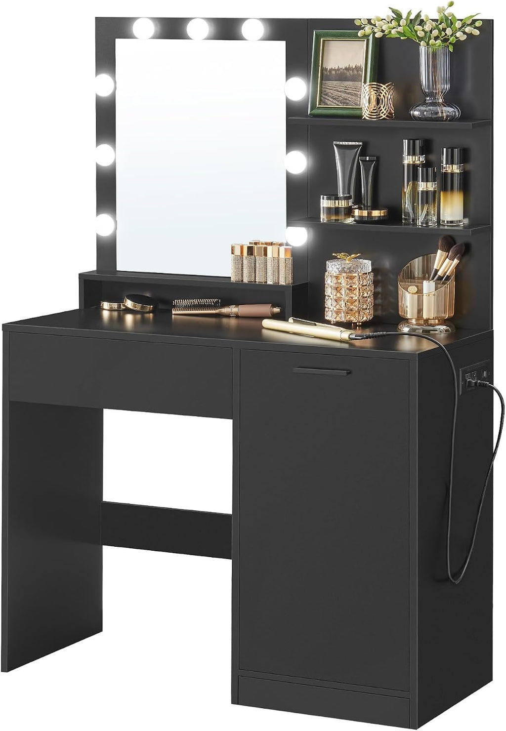 VASAGLE Kailyn Collection - Vanity Desk with Power Outlets and LED Lights, 35.4-Inch Wide Makeup Table with Mirror, Drawer and Cabinet, for Bedroom, Ink Black URDT128C01S