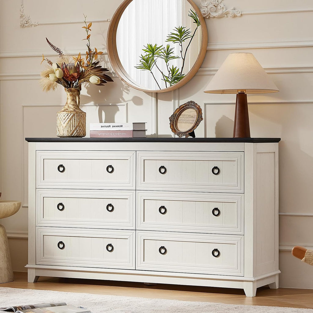 Joaxswe 6 Drawers Dresser for Bedroom, Farmhouse 54'' White Dresser Chest of Drawers, Vintage Design Wood TV Stand, Rustic Storage Dressers Organizer for Bedroom, Living Room, Hallway