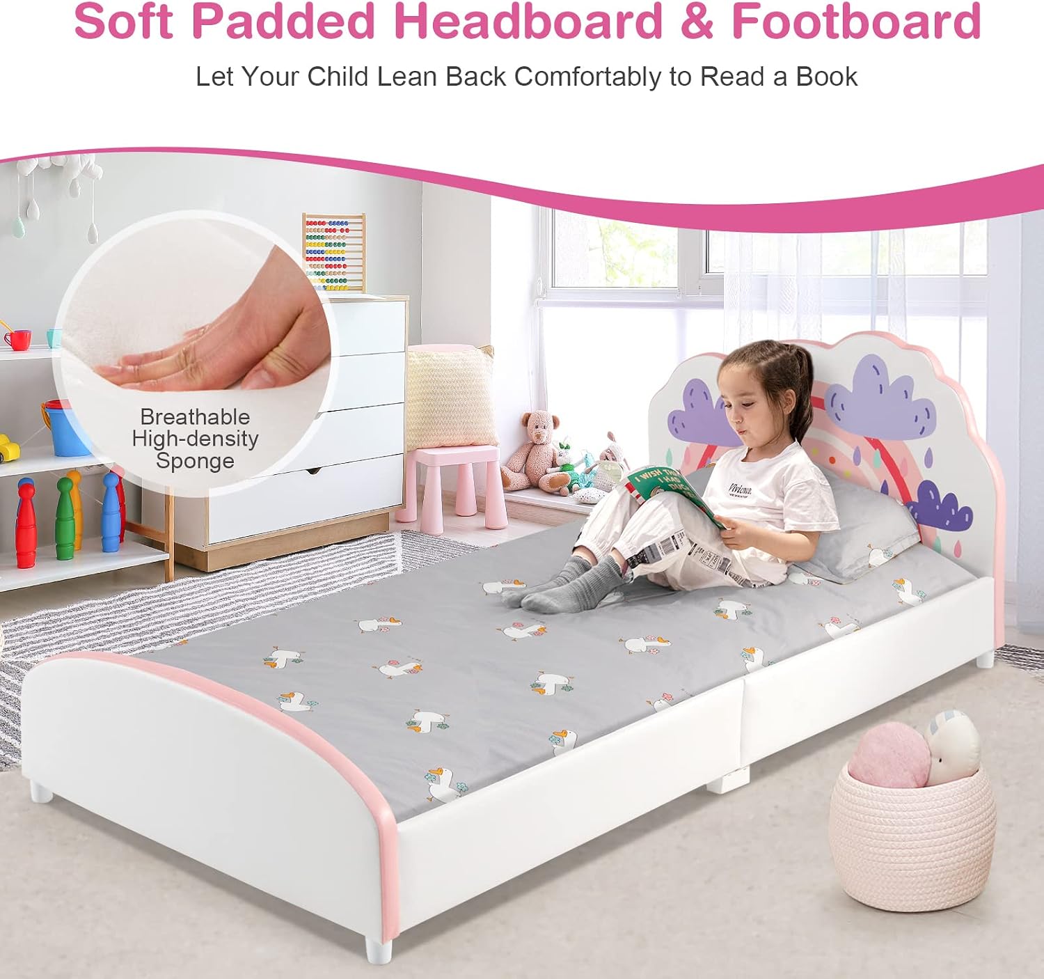Costzon Twin Bed Frames for Kids, Wood Upholstered Twin Bed Platform with Slat Support, Padded Headboard&Footboard, No Box Spring Needed, Easy Assembly, Fits Standard Twin Mattress (Cloud)