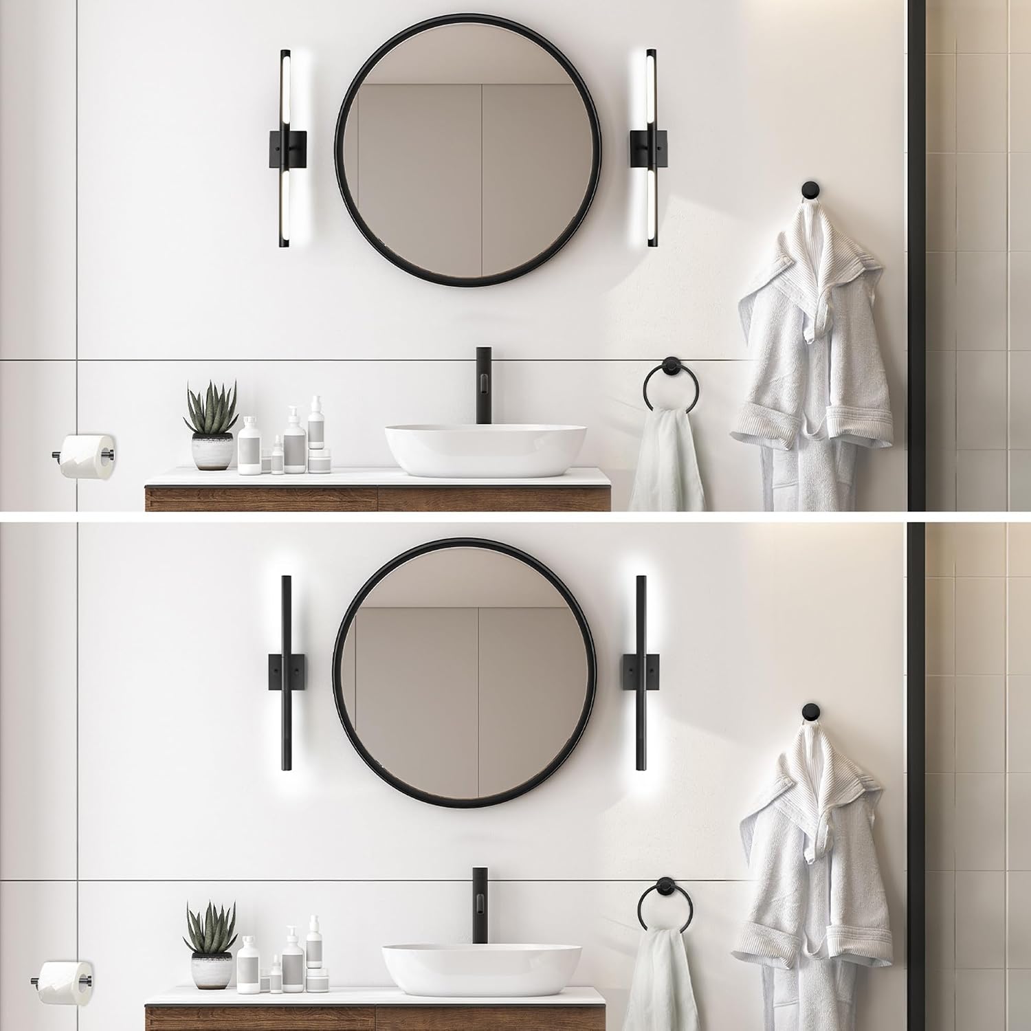 Globe Electric 63000203 5-Piece All-in-One Bathroom Set, 2-Light LED Vanity Light, Matte Black, 1200 Lumen, Towel Bar, Robe Hook, Toilet Paper Holder, Towel Ring, Bathroom Lights Over Mirror