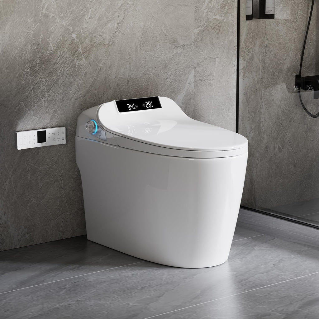Smart Toilet with Elongated Bidet, Auto Open & Close, Auto Flush,Warm water massage, Heated Seat,Movement Drying, Night Light, Wireless Remote Control.