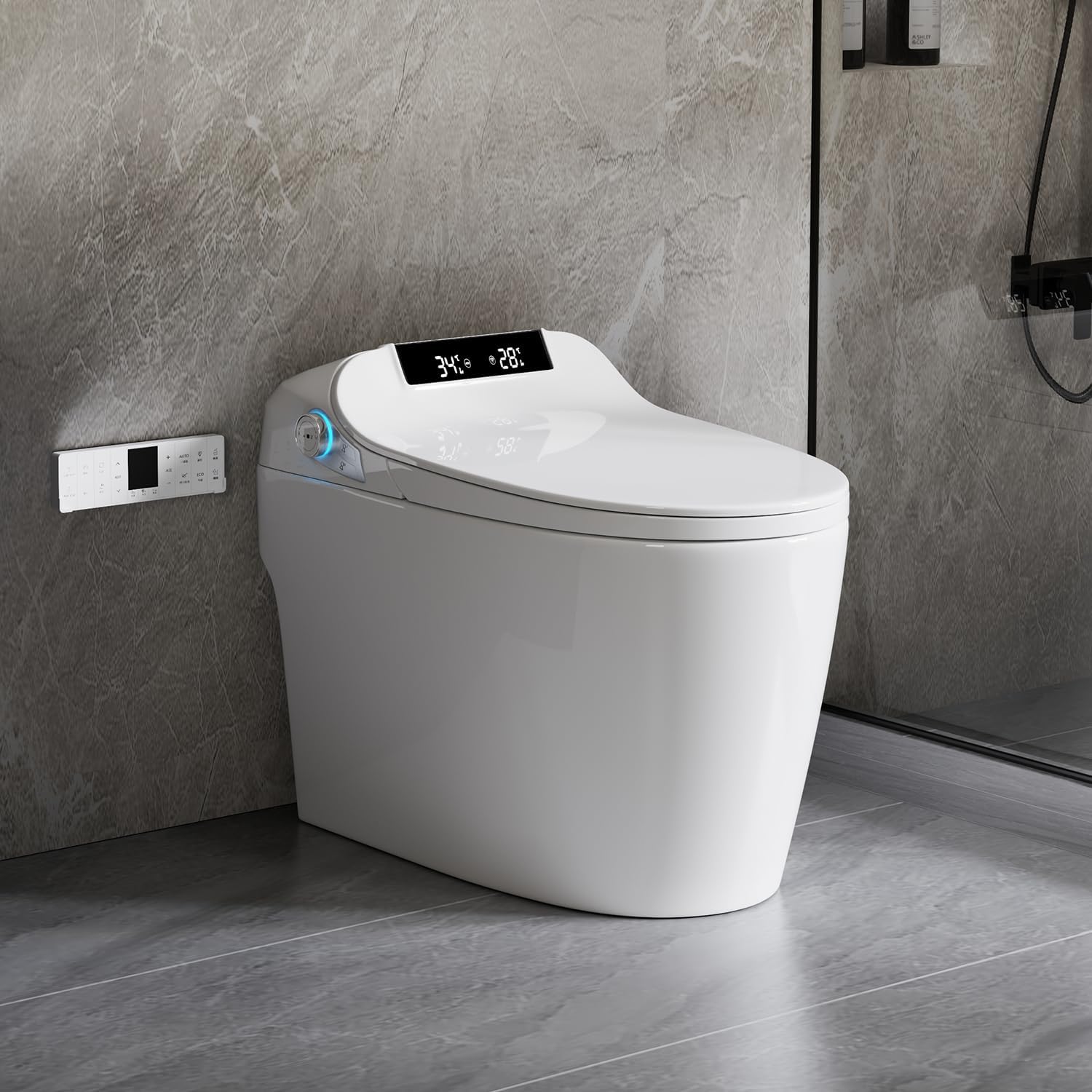 Smart Toilet with Elongated Bidet, Auto Open & Close, Auto Flush,Warm water massage, Heated Seat,Movement Drying, Night Light, Wireless Remote Control.
