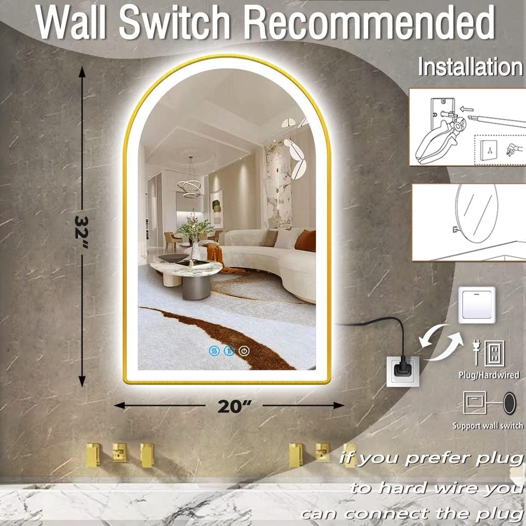 20x32 Inch Gold Bathroom Arch Vanity Mirror with Light Gold Frame Arch LED Mirror for Bathroom Wall Arched Lighted Mirror Anti Fog Dimmable 3Color 32' Gold Framed Arch Smart LED Light up Mirror