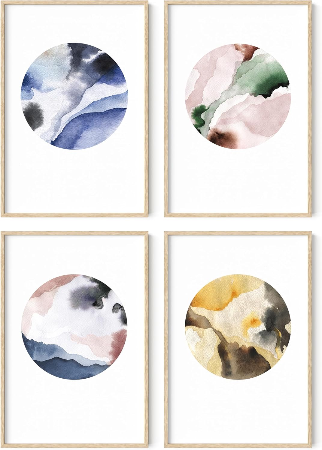 HAUS AND HUES Watercolor Prints Set of 4 - Minimalist Art Prints & Posters, Modern Wall Decor for Bedroom, Minimalistic Modern Abstract Posters, Color Swirl Circles (Beige Frame, 24x36)