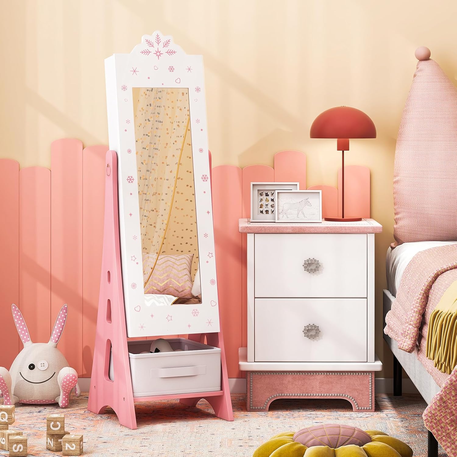 Costzon Kids Vanity & Jewelry Armoire Cabinet, Kids Vanity Table and Chair Set, Standing Jewelry Organizer with Full-Length Mirror, Kids Bedroom Furniture Set for Girls, Snowflake Print (White)