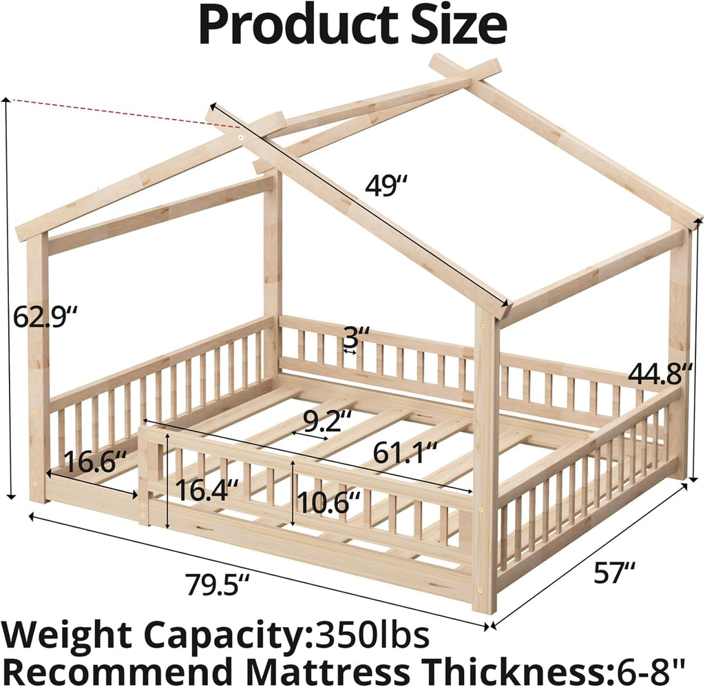 LLS Full Size House Bed with Fence, Wooden Montessori Bed with Slats Support, Floor Bed Frame for Boys Girls Bedroom, Natural