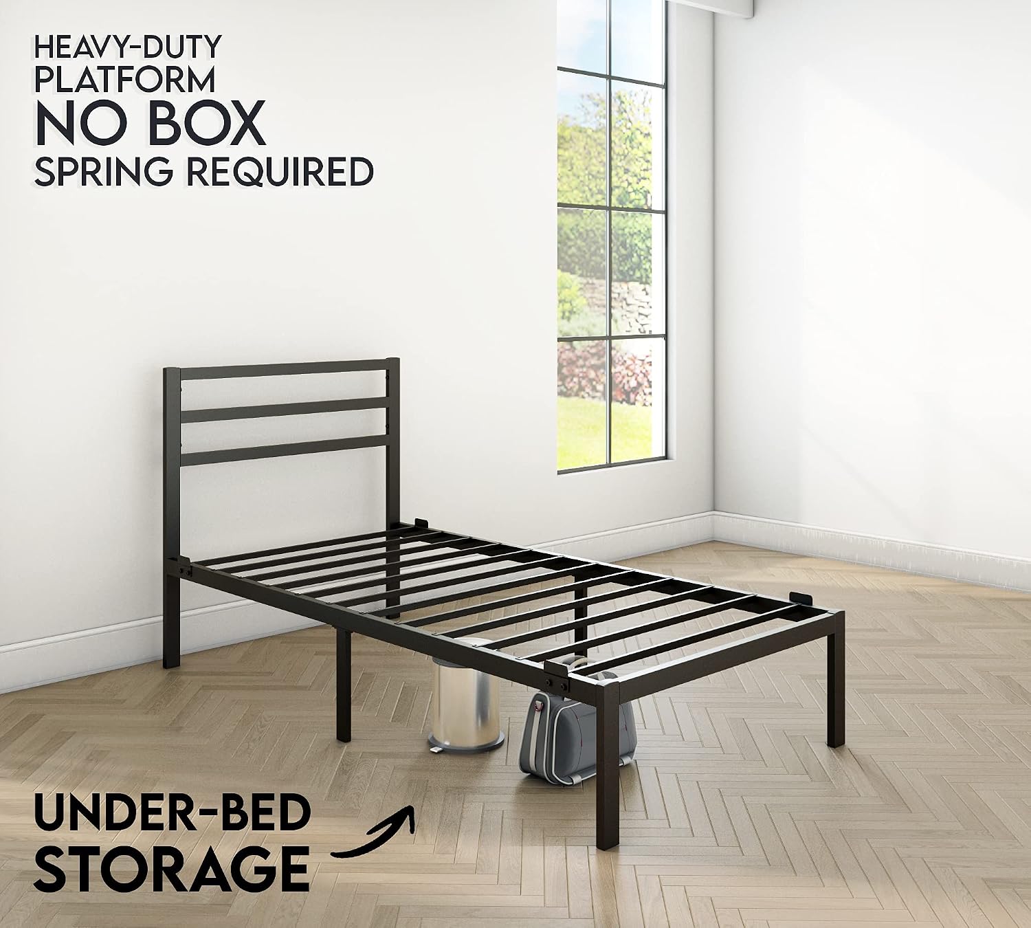 Golden Gate Beds Metal Platform Bed Frame with Headboard, Heavy Duty Steel Slats, No Box Spring Required, Noise-Free, Easy Assembly, Minimalist Design with Under-Bed Storage - Twin size, Black Finish
