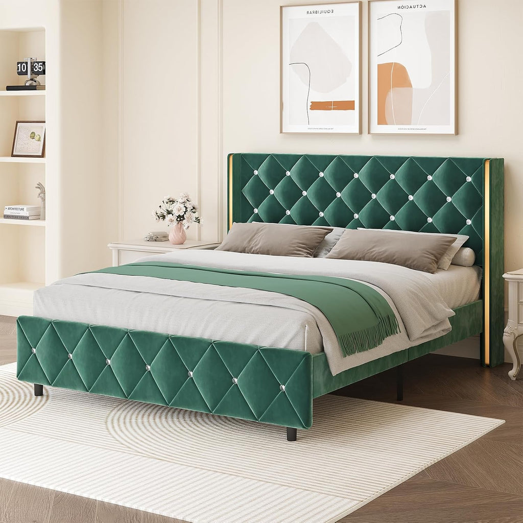 HOMBCK Full Bed Frame with Headboard, Velvet Upholstered Bed with Diamond Tufted Design, Mordern Bed Frame with Wingback and Wooden Slats Suppor, No Box Spring Required, Easy Assembly, Green