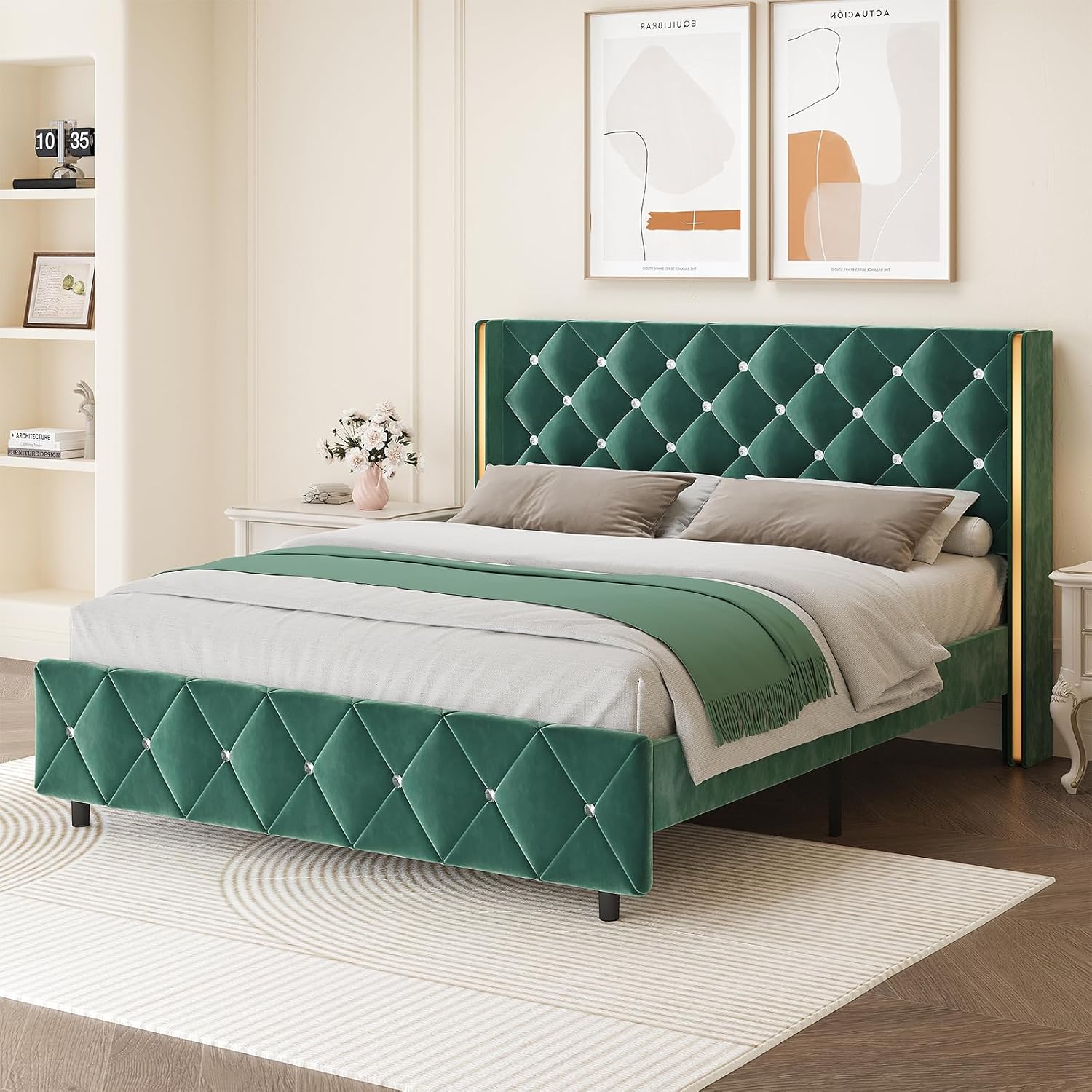 HOMBCK Full Bed Frame with Headboard, Velvet Upholstered Bed with Diamond Tufted Design, Mordern Bed Frame with Wingback and Wooden Slats Suppor, No Box Spring Required, Easy Assembly, Green