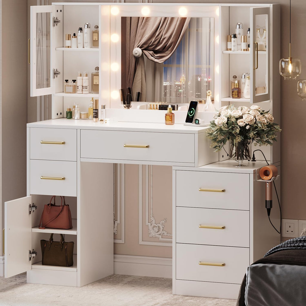 TOKSOM 51' Vanity Desk with Mirror and Lights & Charging Station, Bedroom Dressing Table, Large Vanity Set, 6 Drawers and 2 Cabinets, Makeup Vanity Table with Charging Station, Without Stool