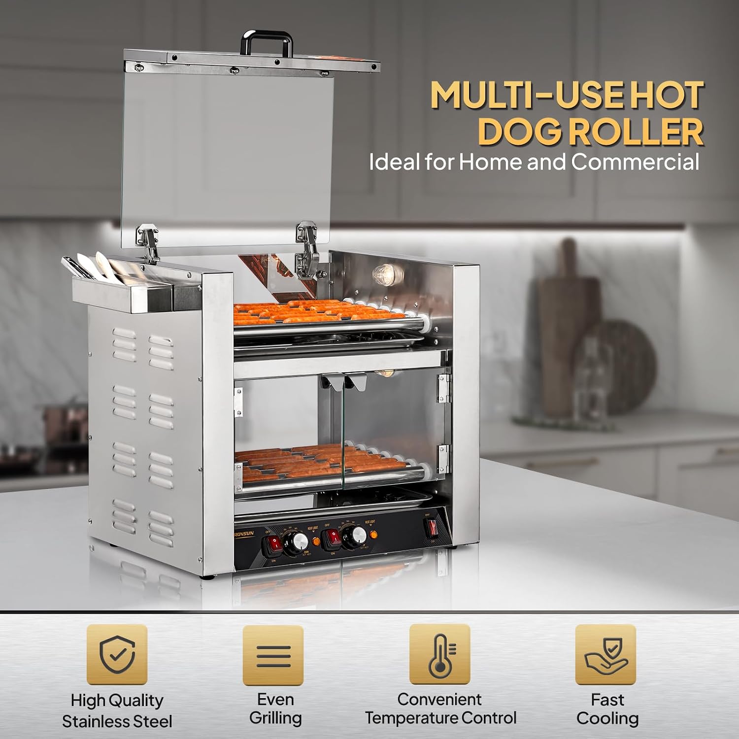 ROVSUN 2 Tier Hot Dog Roller, 36 Hot Dog 7 Rollers ETL Certified, Hot Dog Machine Sausage Grill with Dual Temp Control, Glass Cover, Light, Side Storage Box & Drip Tray for Home Commercial 2100W