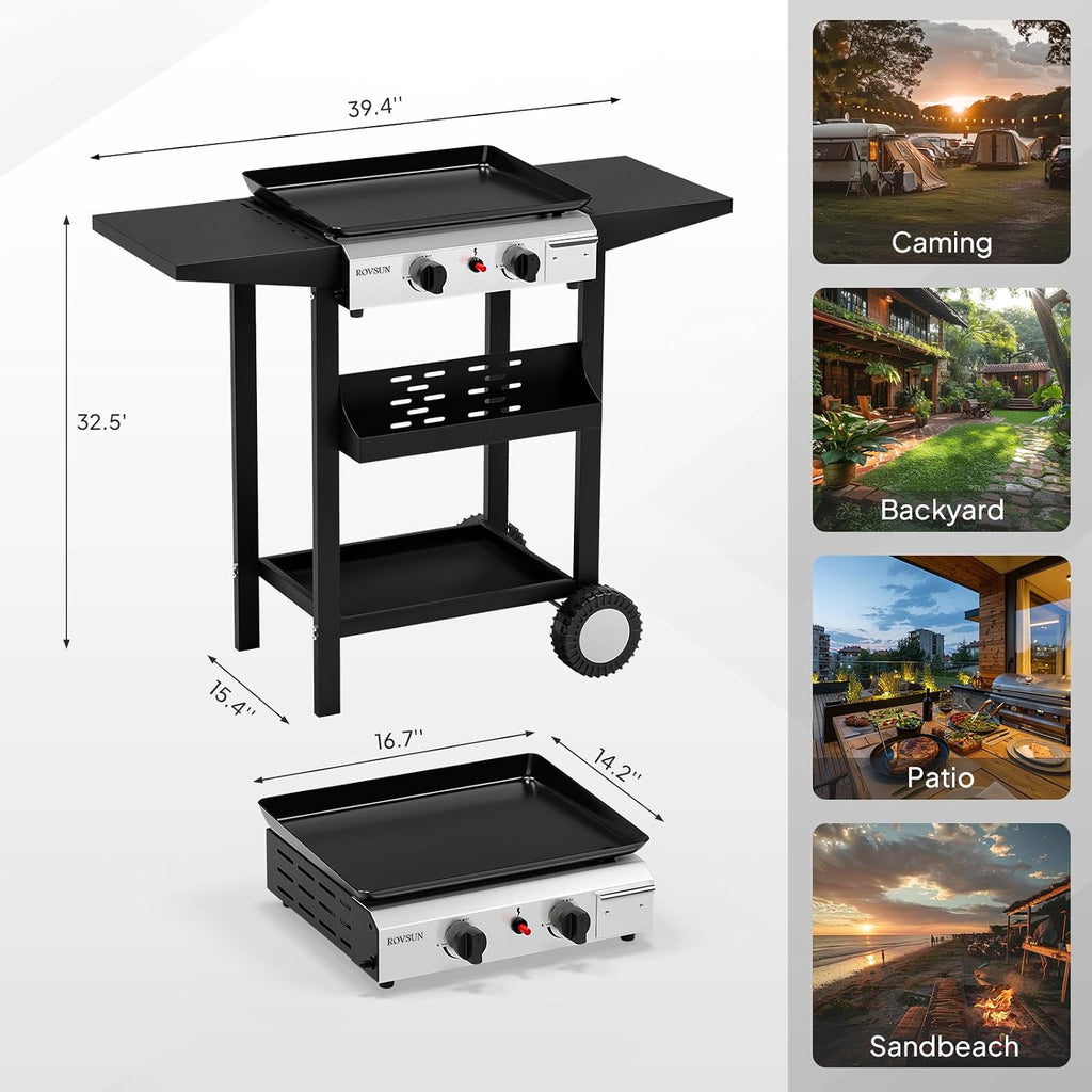 Bonnlo 2 Burner Portable Propane Griddle, 20,000BTU Gas Grill with Enameled Tray, Rolling Flat Top Grill with Electronic Ignition, Side Shelve & Regulator, Ideal for Outdoor Patio Cooking BBQ