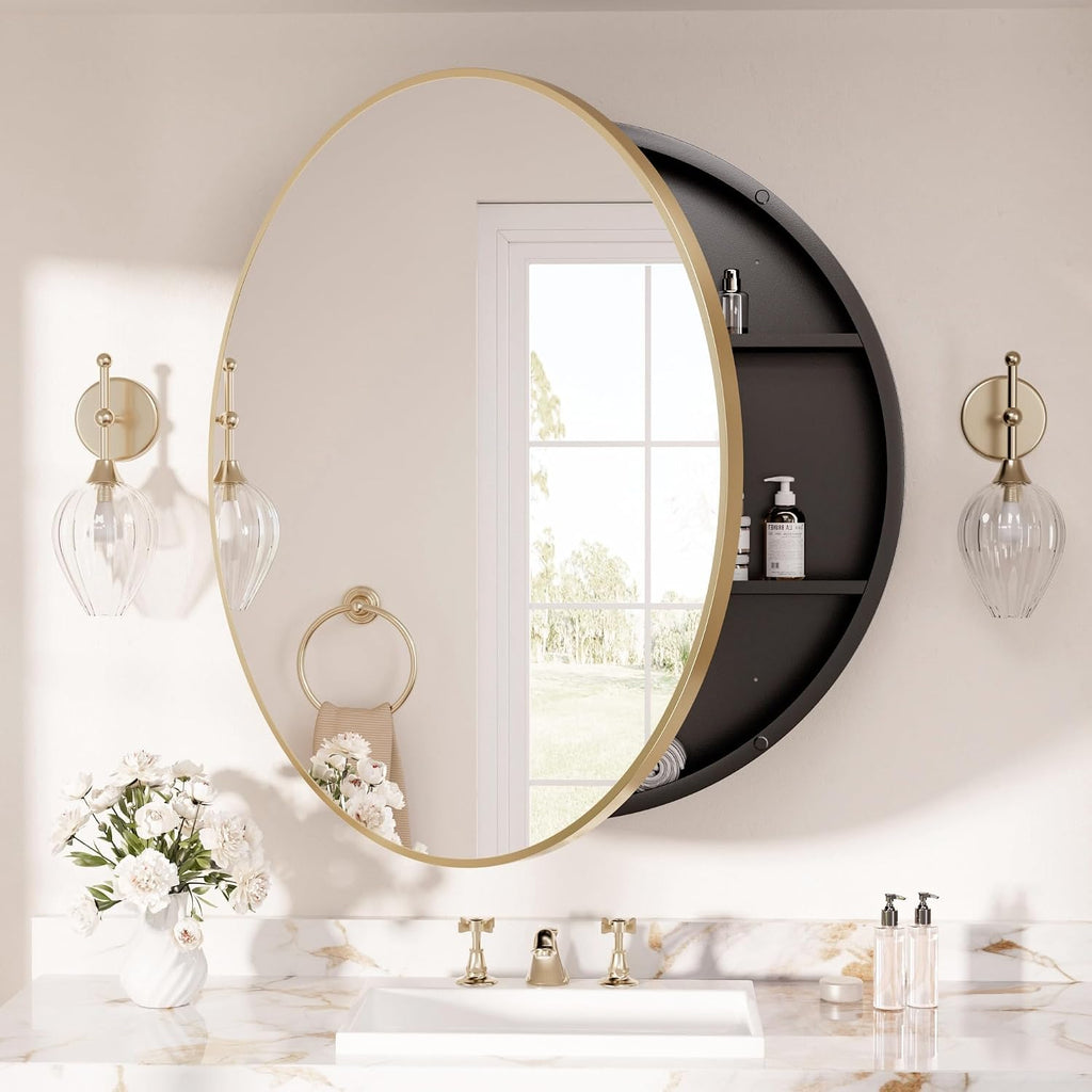 TETOTE Gold Round Bathroom Medicine Cabinet with Mirror 30 x 30, Adjustable Shelves, Farmhouse Wall Storage, Surface Mounted