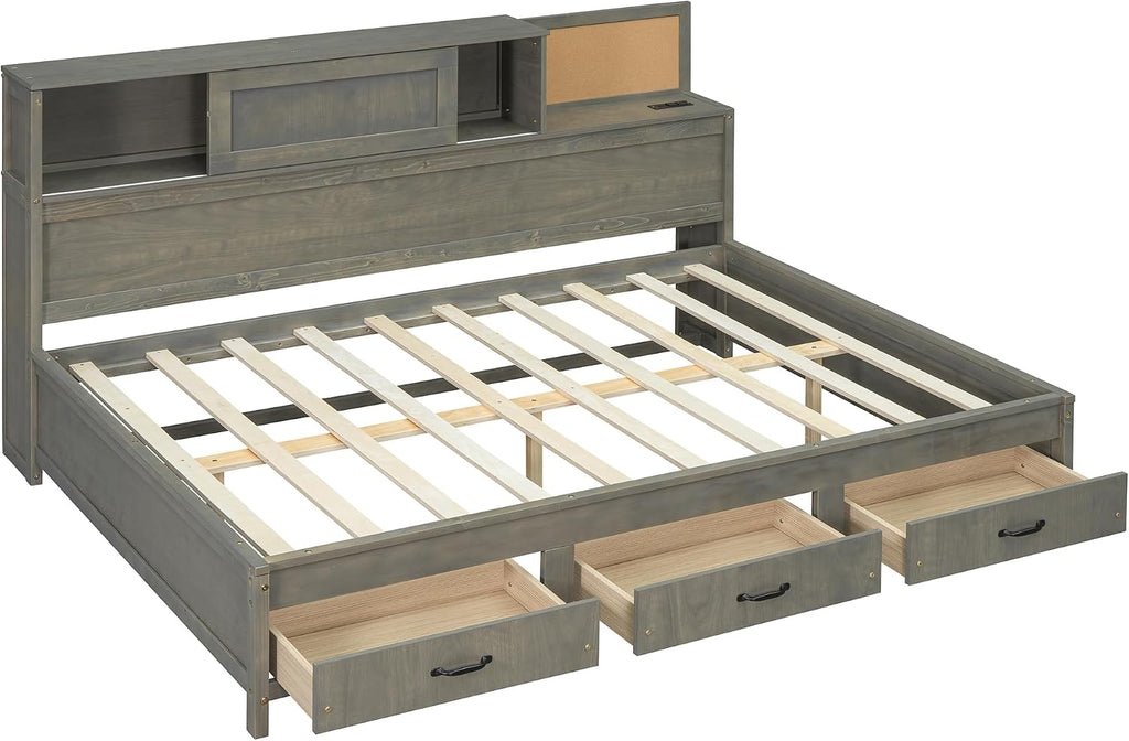 Wooden Daybed with 3 Storage Drawers, Upper Soft Board, Shelf, and a Set of Sockets and USB Ports, Full Size, Gray