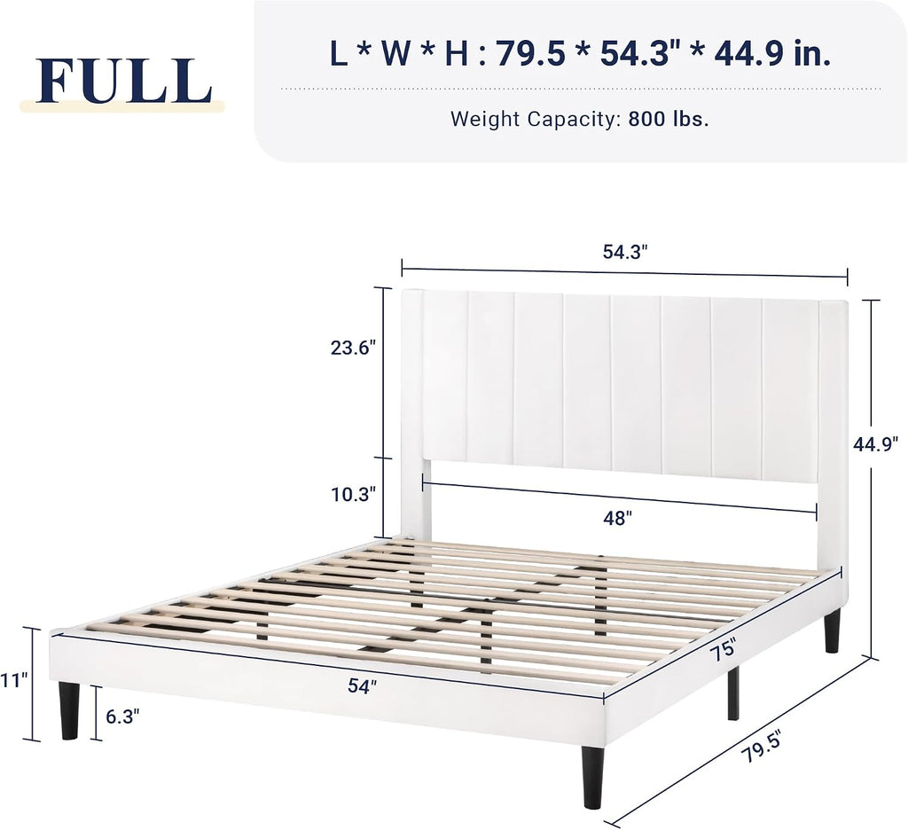 Allewie Full Bed Frame/Velvet Upholstered Bed Frame with Vertical Channel Tufted Headboard/Strong Wooden Slats/Platform Bed Frame/Mattress Foundation/Box Spring Optional/Easy Assembly/White