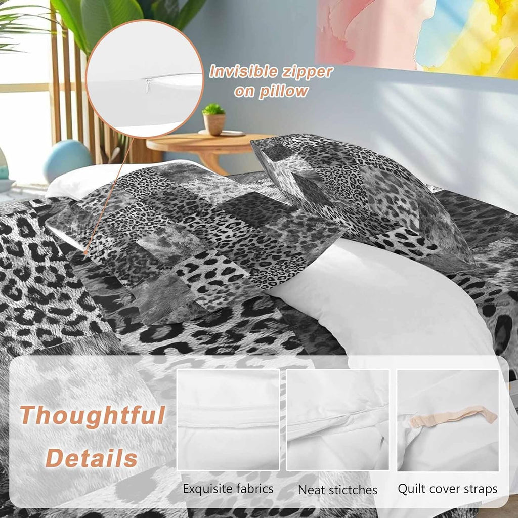 Vintage Black Leopard Duvet Cover Set Queen Size 4 Pieces Animal Print Patchwork Style Art Painting Bedding Set with Zipper Closure, 1 Comforter Cover 92x106 Inches 1 Flat Sheet & 2 Pillow Cases