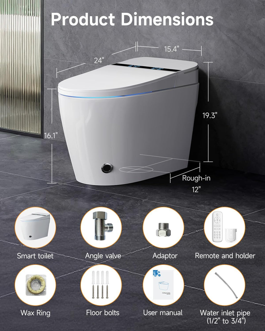 Smart Toilet with Built-In Bidet – Heated Toilet Seat, Warm Water Wash & Dryer, Auto Open/Close, Flush Sensor Operation, LED Display, Remote Control, One-Piece Modern Toilet, 1.28 GPF
