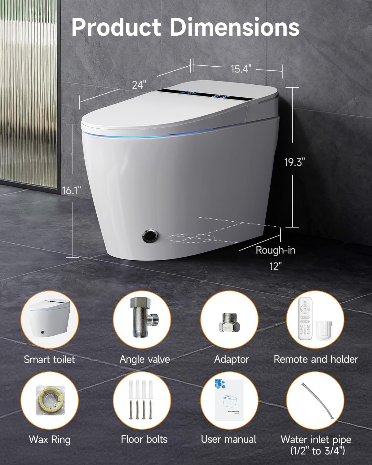 Smart Toilet with Built-In Bidet – Heated Toilet Seat, Warm Water Wash & Dryer, Auto Open/Close, Flush Sensor Operation, LED Display, Remote Control, One-Piece Modern Toilet, 1.28 GPF