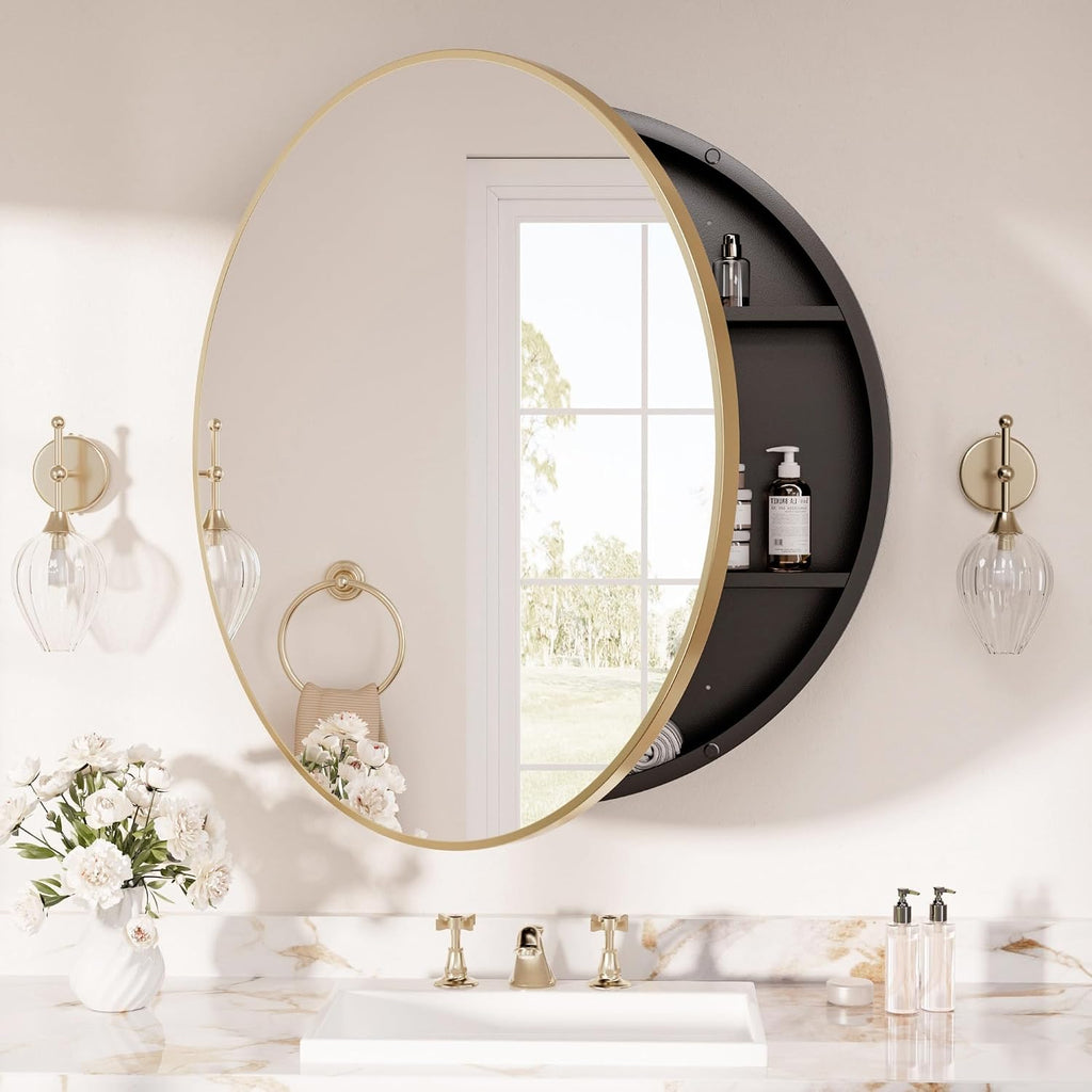 TETOTE Gold Medicine Cabinet with Mirror Round Medicine Cabinets Mirror for Bathroom 28 x 28 Adjustable Shelves Modern Bathroom Organizer with Shelves Wall Mounted