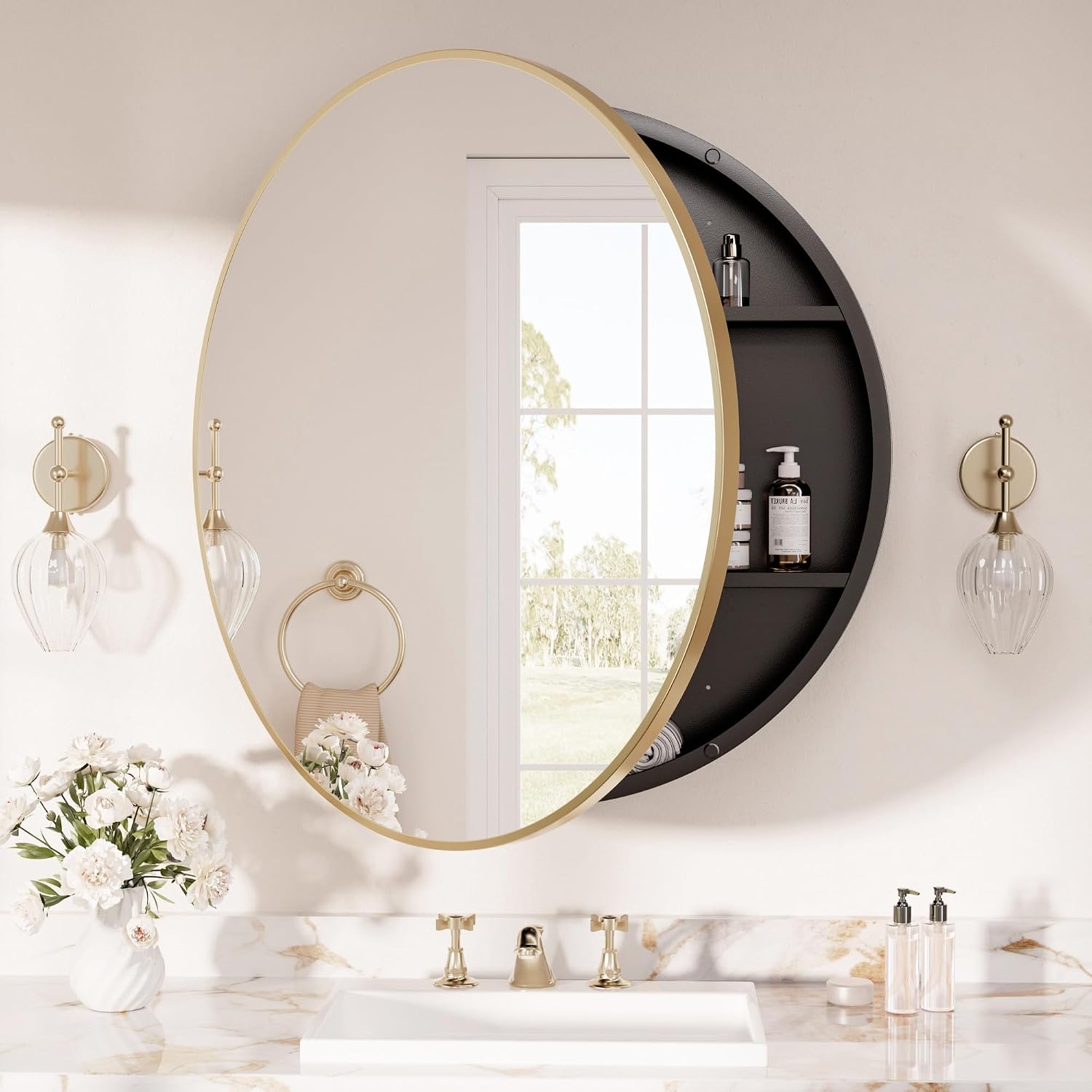 TETOTE Gold Medicine Cabinet with Mirror Round Medicine Cabinets Mirror for Bathroom 28 x 28 Adjustable Shelves Modern Bathroom Organizer with Shelves Wall Mounted