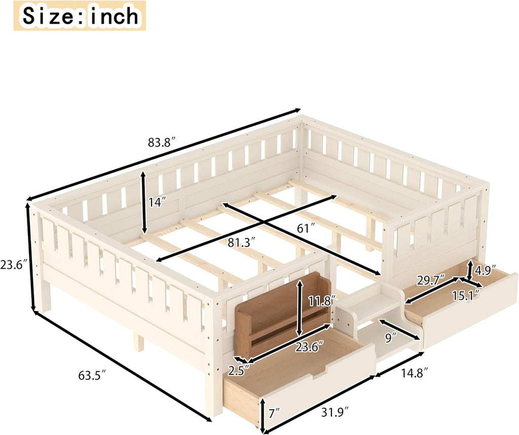 Bellemave Queen Size Bed with Slats and Stairs