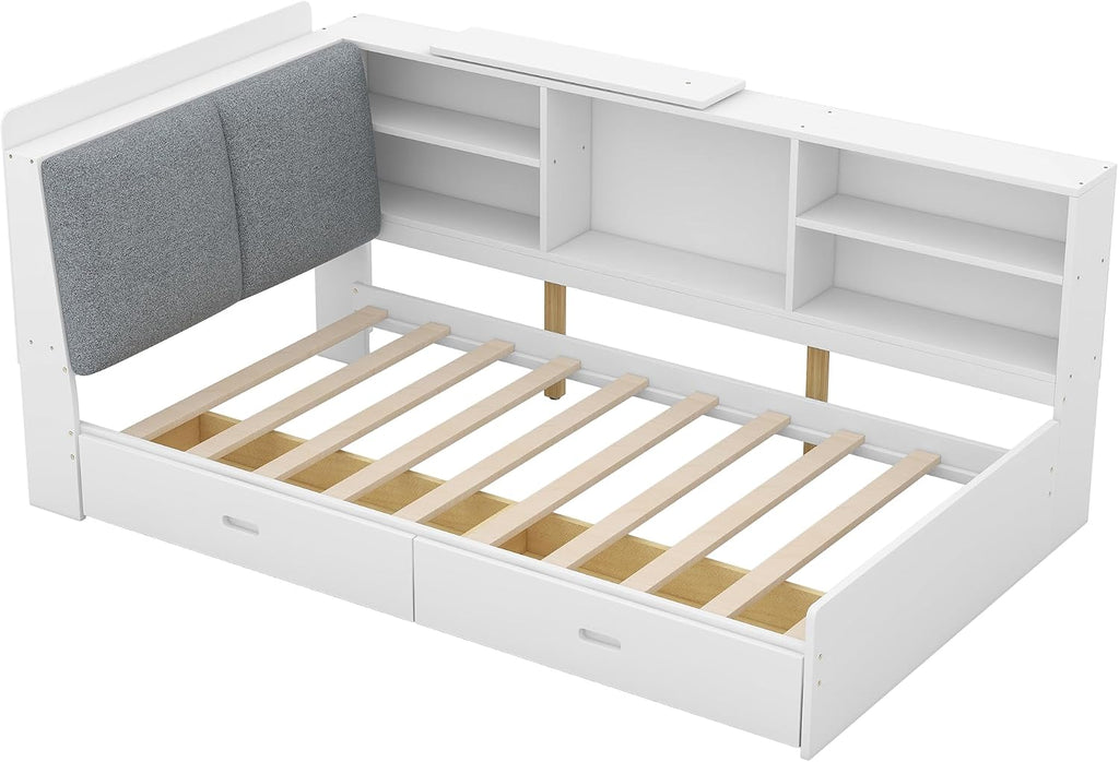 Bellemave Twin Corner Bed Frame, Captains Bedframe, Wood Twin Size Daybed with L-Shaped Bookcase and 2 Drawers，Twin Daybeds with Storage Cabinets, White