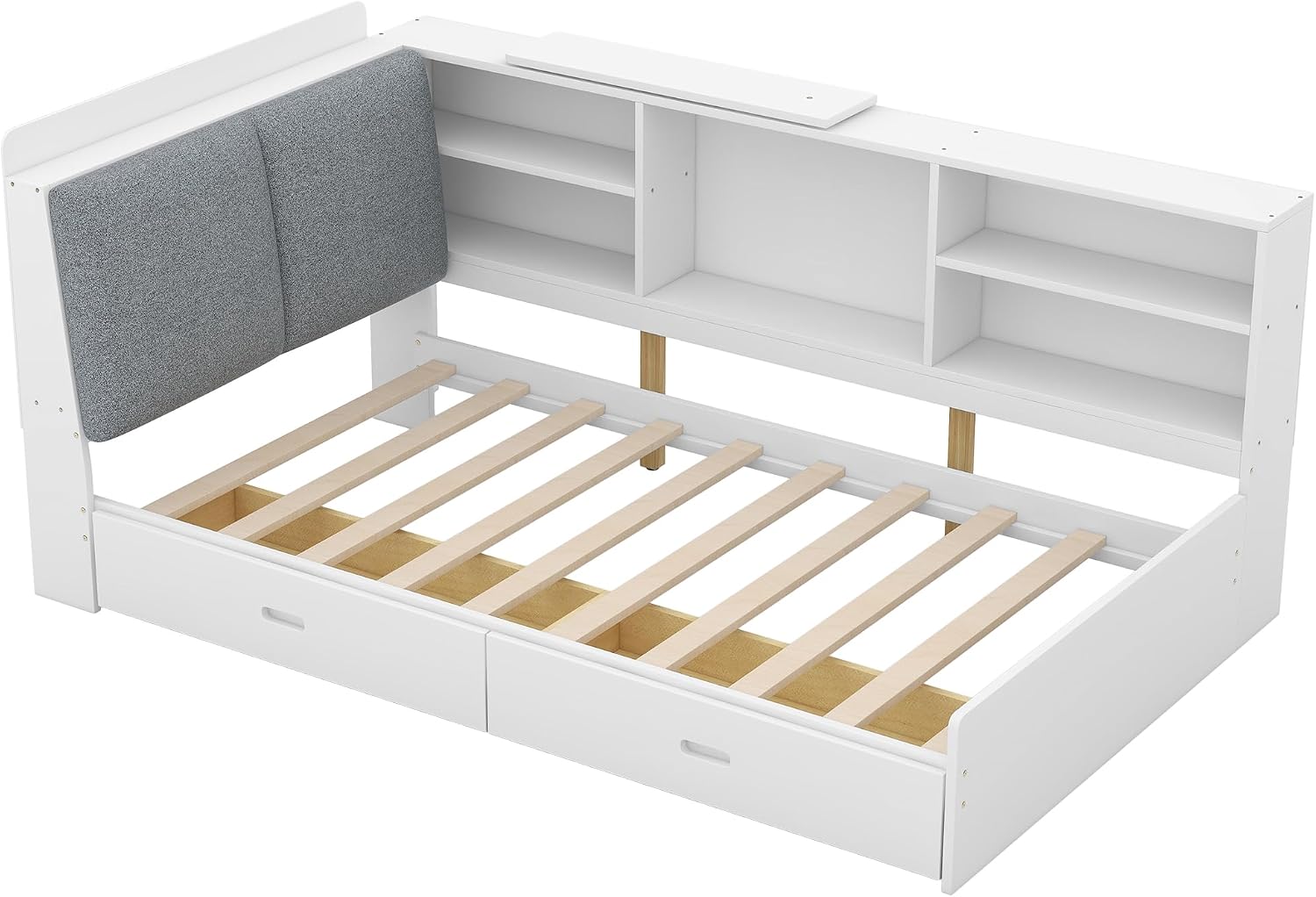 Bellemave Twin Corner Bed Frame, Captains Bedframe, Wood Twin Size Daybed with L-Shaped Bookcase and 2 Drawers，Twin Daybeds with Storage Cabinets, White