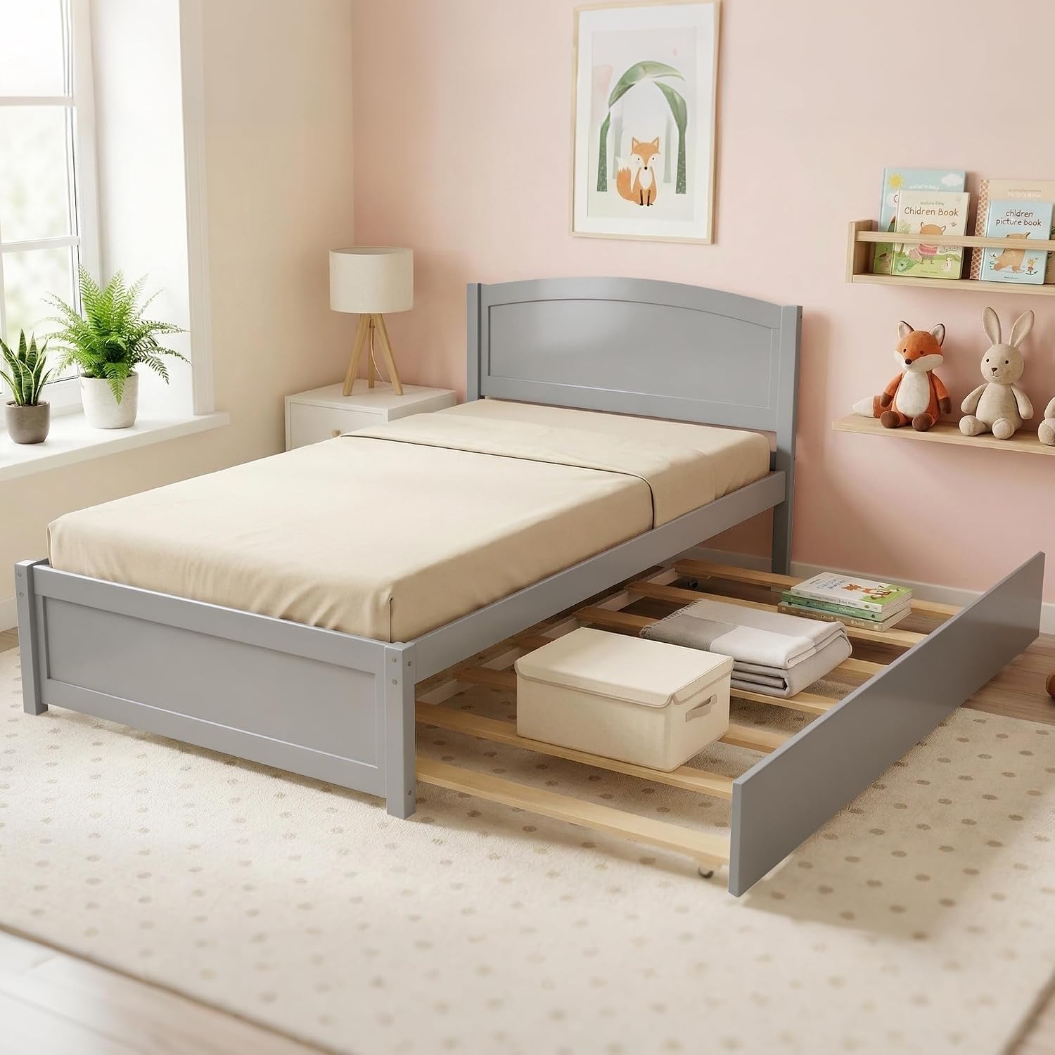 Xilingol Trundle Bed Twin, Solid Wood Beds Frames with Headboard and Wooden Slats Support, Twin Trundle Beds Frame Roll Out, Single Box Bed (No Box Spring Needed), Grey