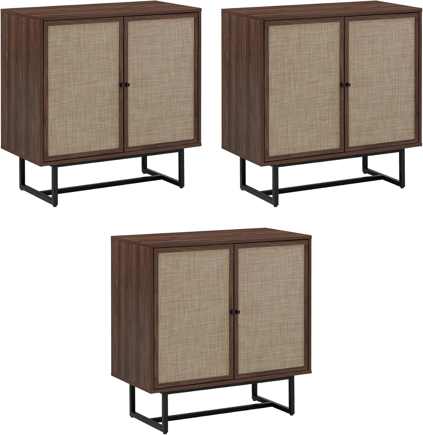 Nathan James Kova Bohemian Rattan Sideboard or TV Stand, Wooden Storage Cabinet with Doors, Walnut Sideboard Buffet or Rattan Accent Storage Cabinet with Matte Black Legs, Set of 3