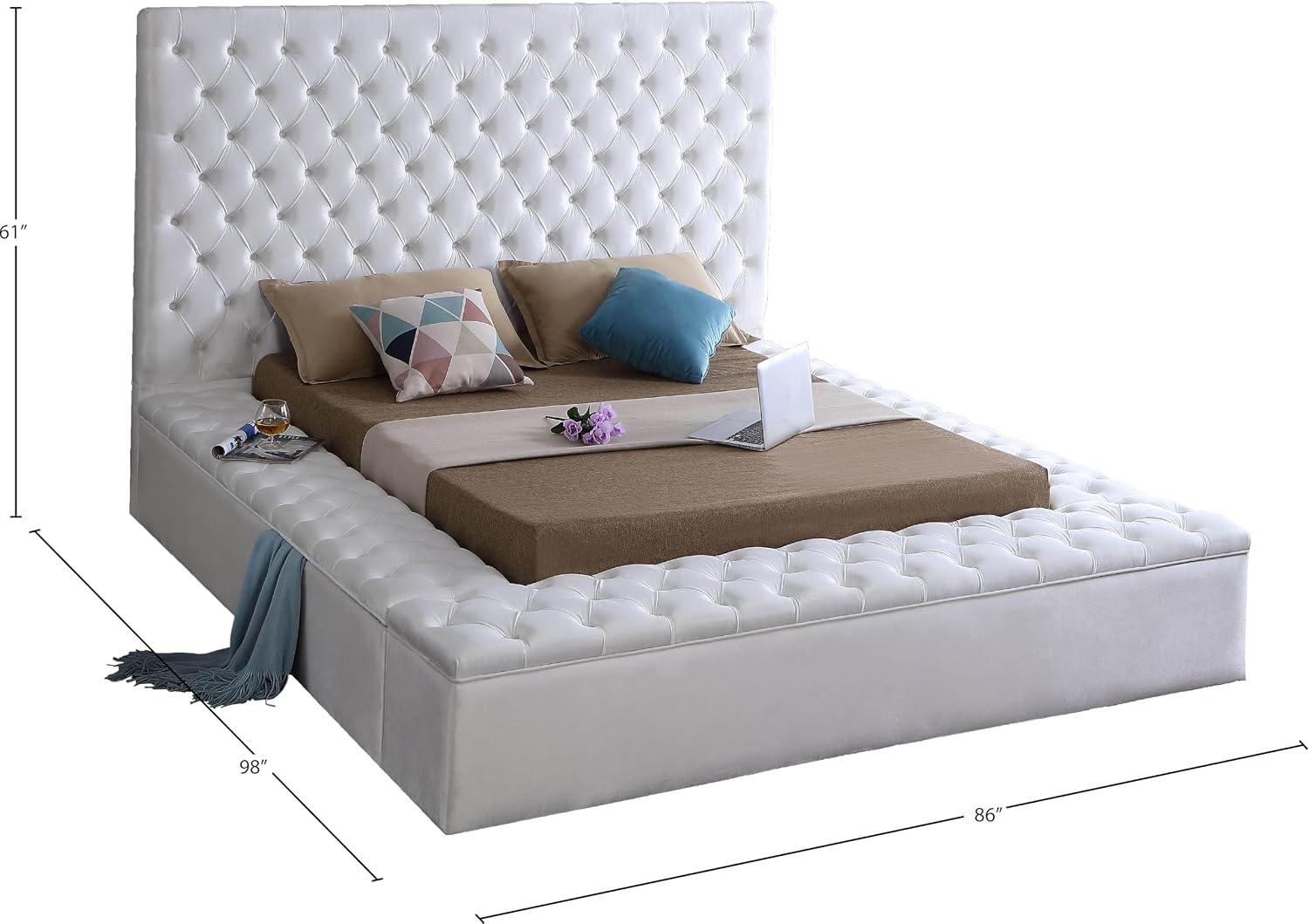 Meridian Furniture Bliss Collection Modern | Contemporary Velvet Upholstered Bed with Deep Button Tufting and Storage Compartments in Rails and Footboard, White, Queen